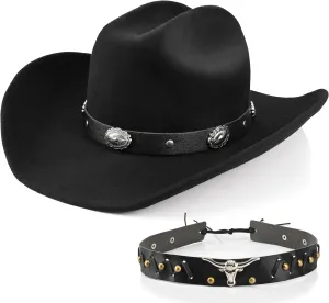 100% Wool Western Cowboy Hat for Men Women Classic Fedora Hat Felt Cowgirls Hats with Two Decorative Bands