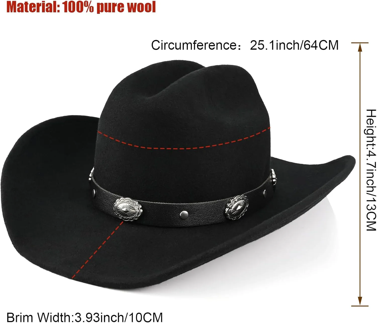 100% Wool Western Cowboy Hat for Men Women Classic Fedora Hat Felt Cowgirls Hats with Two Decorative Bands