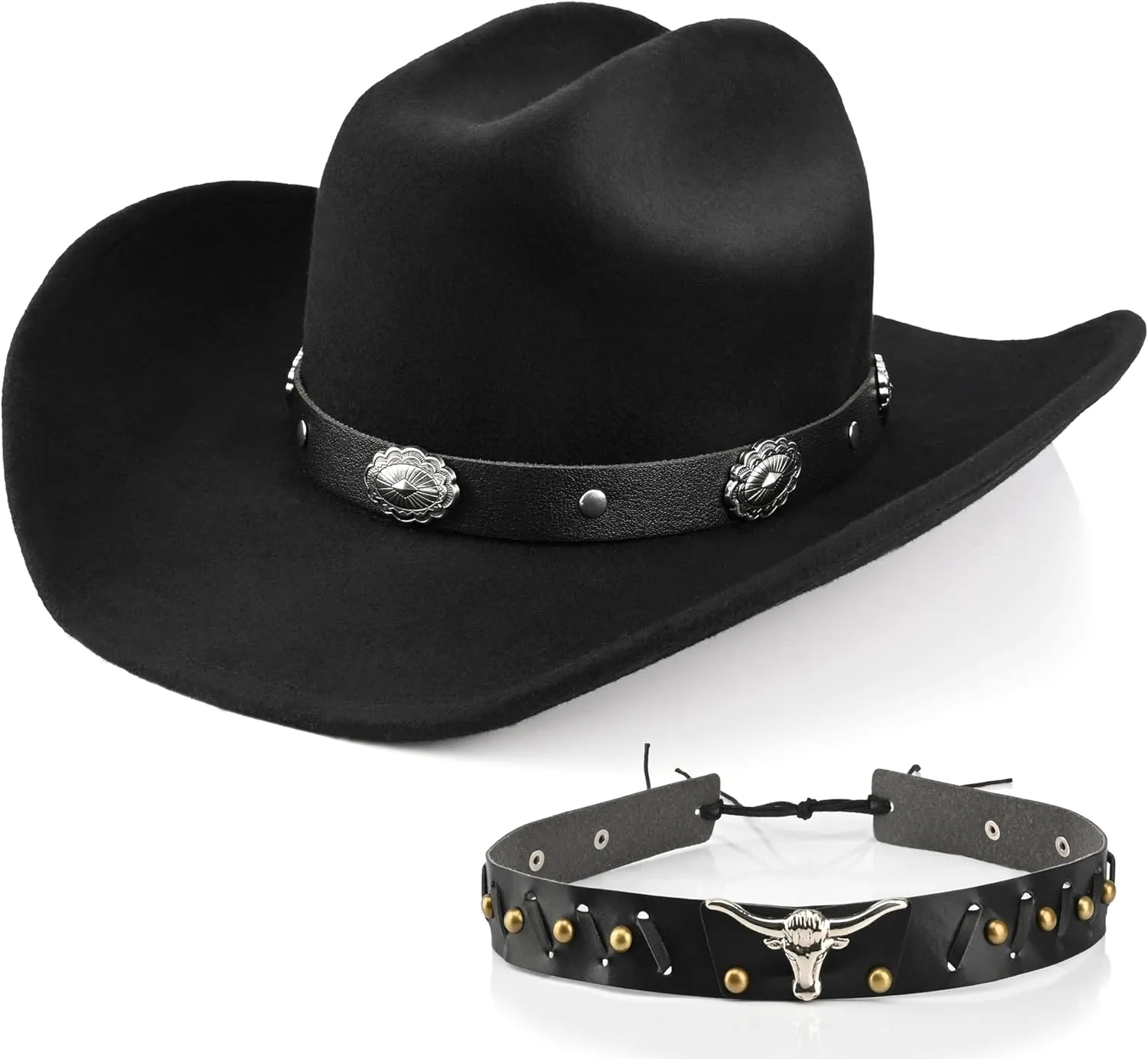 100% Wool Western Cowboy Hat for Men Women Classic Fedora Hat Felt Cowgirls Hats with Two Decorative Bands