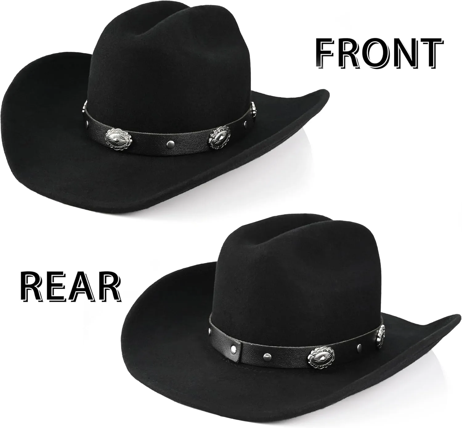 100% Wool Western Cowboy Hat for Men Women Classic Fedora Hat Felt Cowgirls Hats with Two Decorative Bands