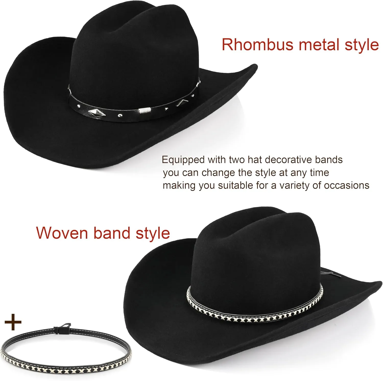 100% Wool Western Cowboy Hat for Men Women Classic Fedora Hat Felt Cowgirls Hats with Two Decorative Bands