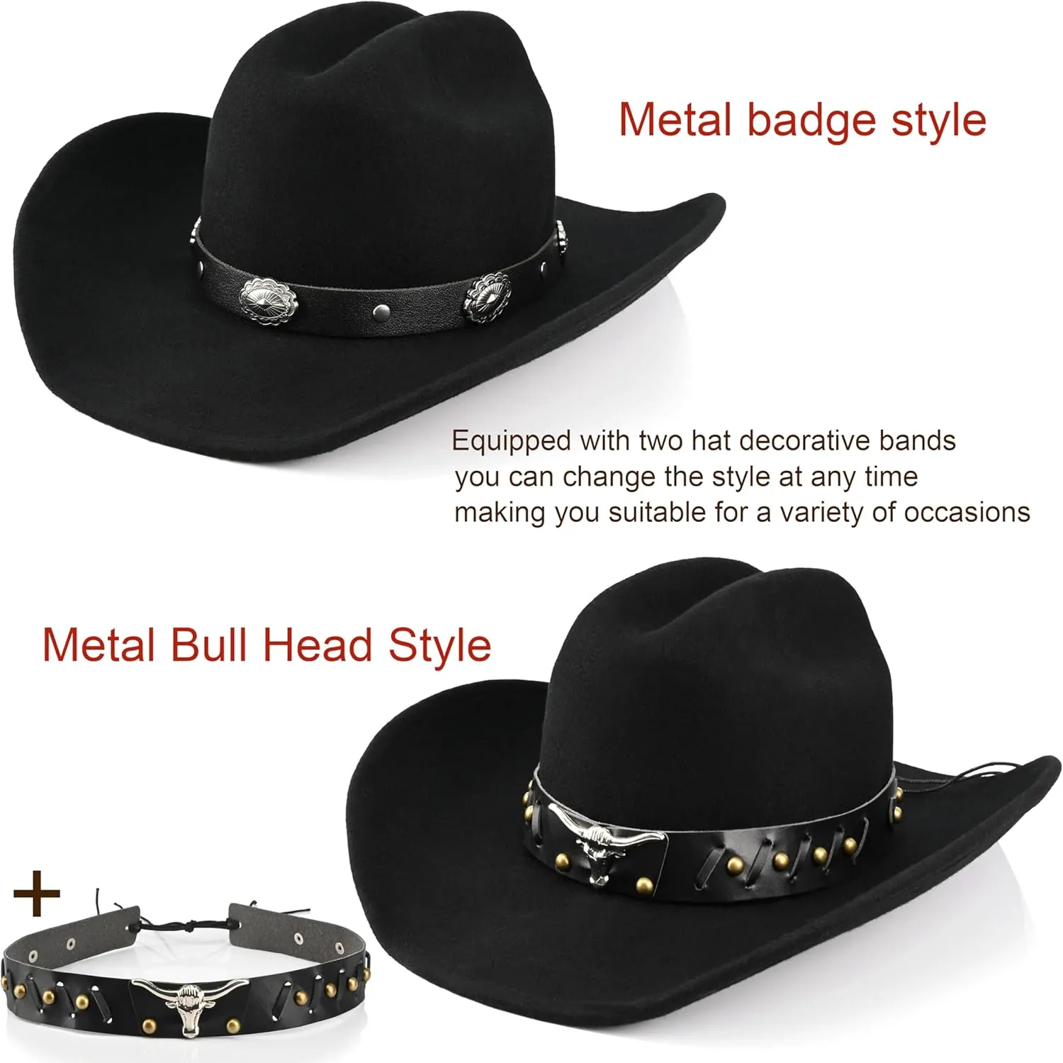 100% Wool Western Cowboy Hat for Men Women Classic Fedora Hat Felt Cowgirls Hats with Two Decorative Bands