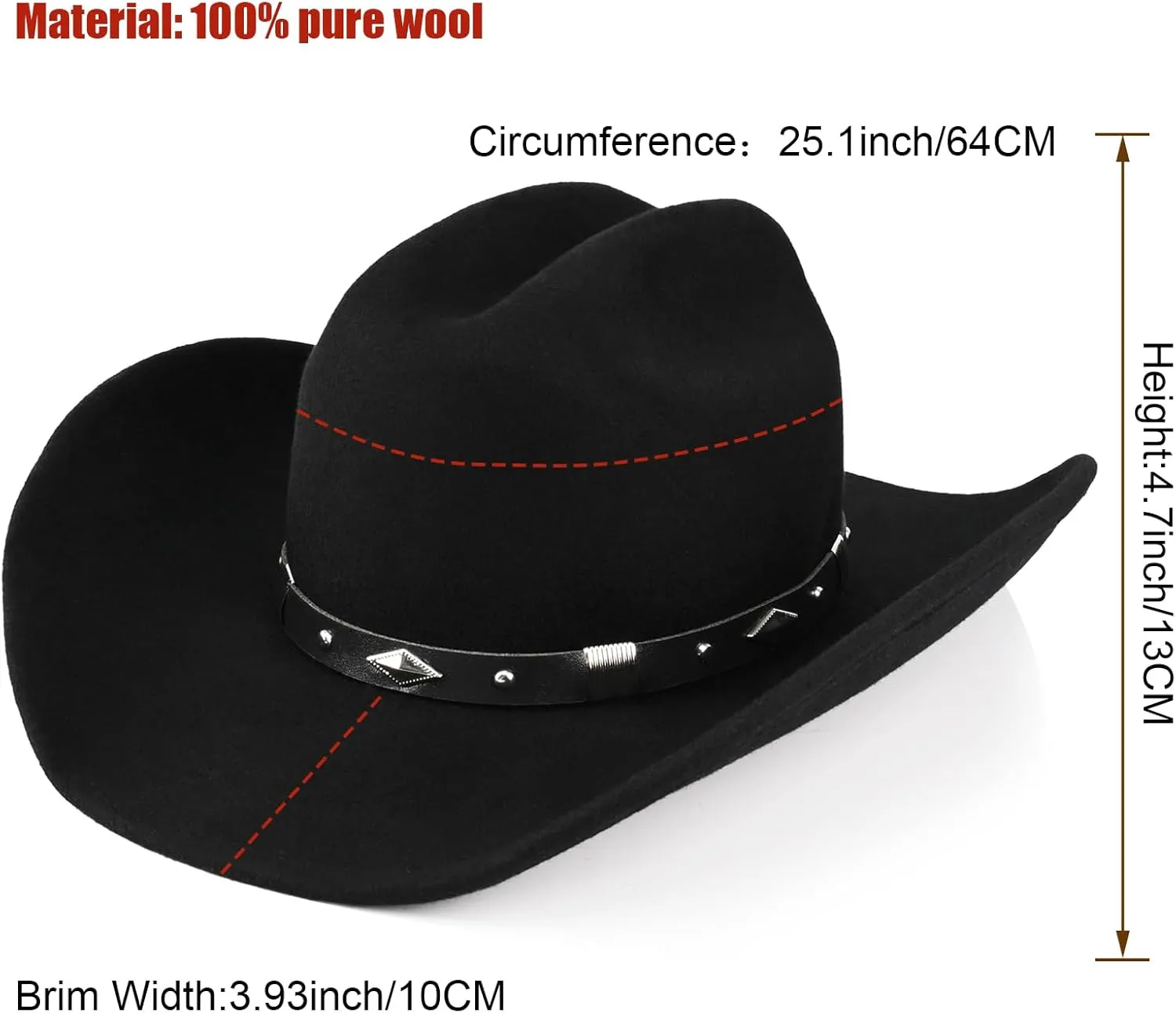 100% Wool Western Cowboy Hat for Men Women Classic Fedora Hat Felt Cowgirls Hats with Two Decorative Bands