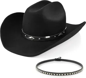 100% Wool Western Cowboy Hat for Men Women Classic Fedora Hat Felt Cowgirls Hats with Two Decorative Bands