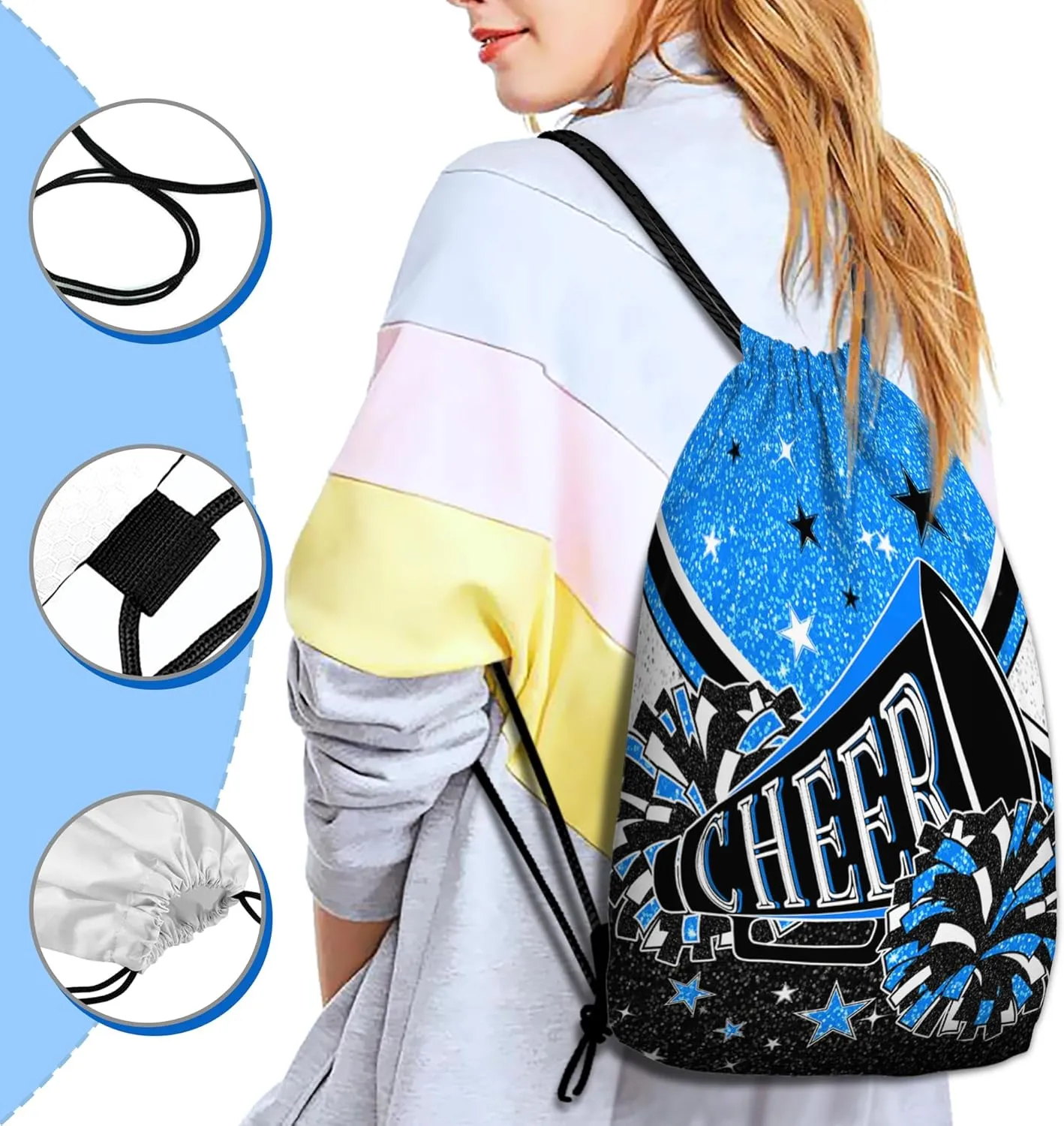 10pcs Cheer Drawstring Backpack Gifts Set with Drawstring Bag,Cosmetic Bag,Stickers,Wristbands,Necklaces,ID Badge,Lanyard,Button Pins-10pcs Cheer Gifts Set-Blue