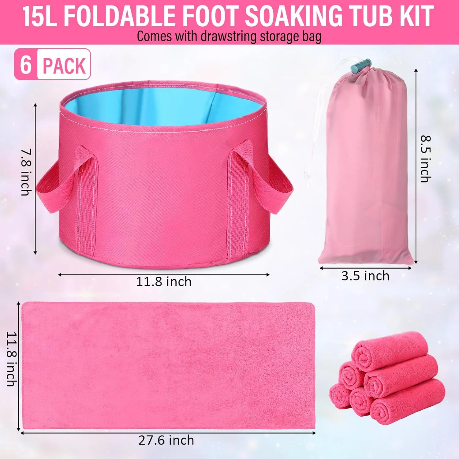 12 Pcs 15L Foldable Foot Soaking Tub Kit Portable Foot Bath Tub Foldable Foot Basin Bath Foot Tub for Soaking Feet with Towel and Storage Bag Soak Spa Bucket for Travel Camping(Rose Red)