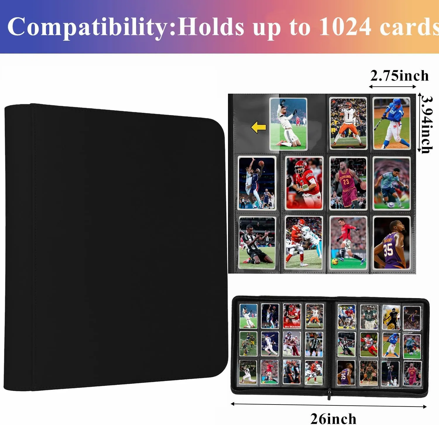 12 Pocket Card Binder, 720 Pockets PU Leather Zipper Trading Card Collection Album, Side-Loading Card Storage Folders for MTG, TCG, Game/Sport Crads