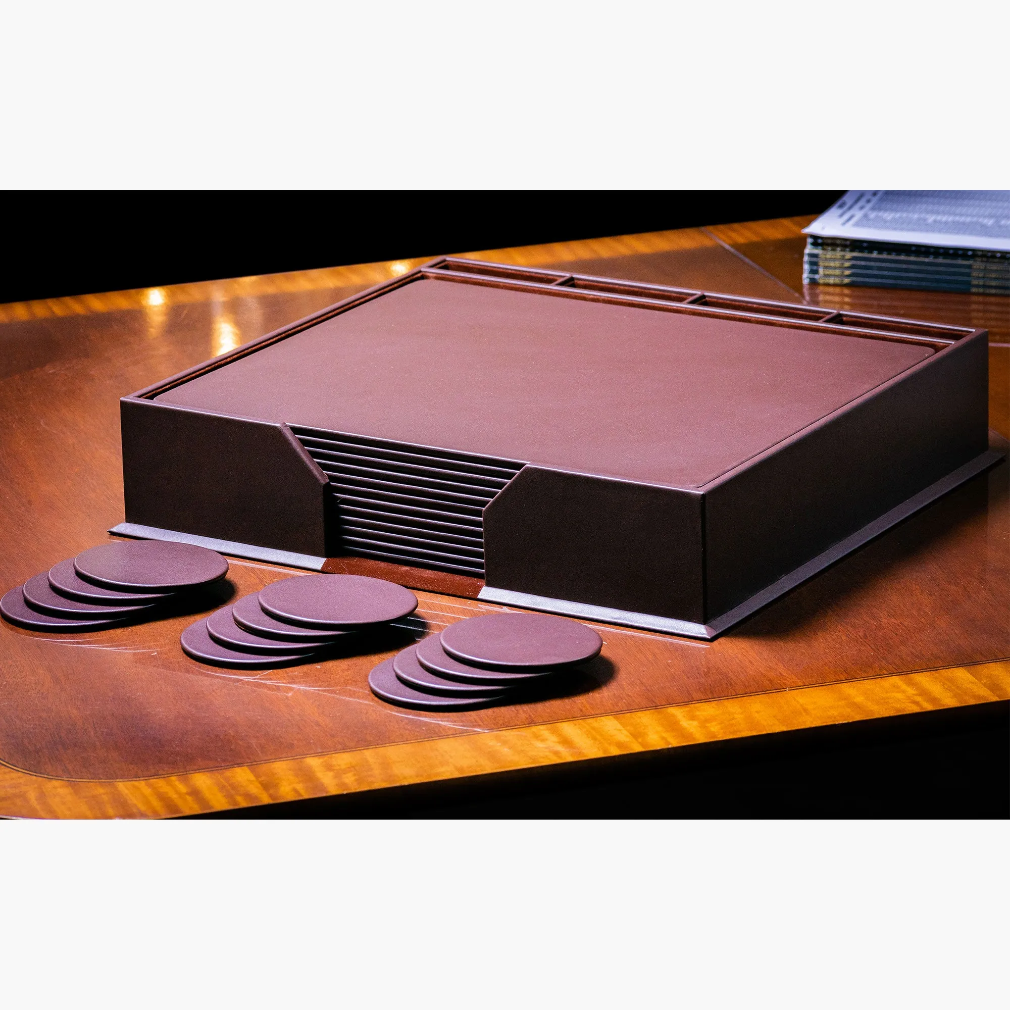 12 Seat Chocolate Brown Leather Conference Room Set w/ Round Coasters