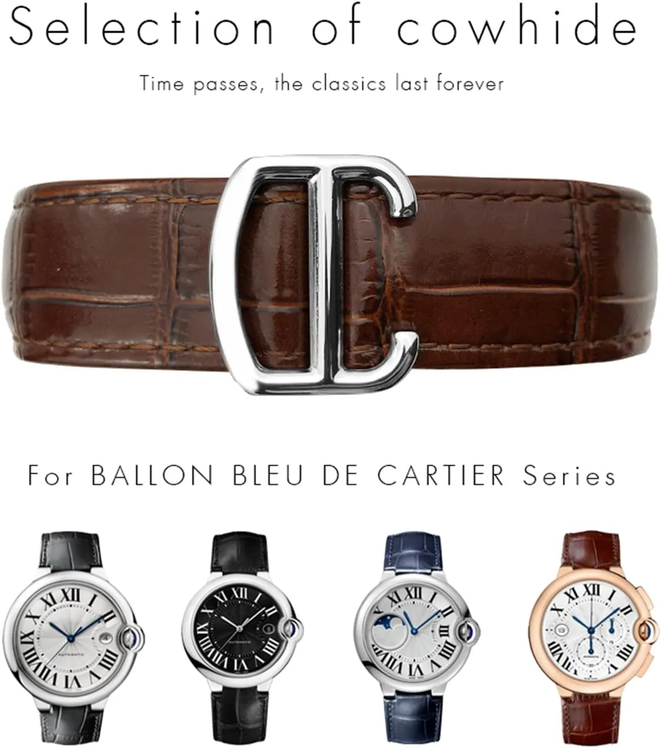 16mm 18mm 20mm Genuine Leather Watch Strap Black Blue Brown Deployment Buckle Watch Bands for Cartier Tank Solo Blue Ballon