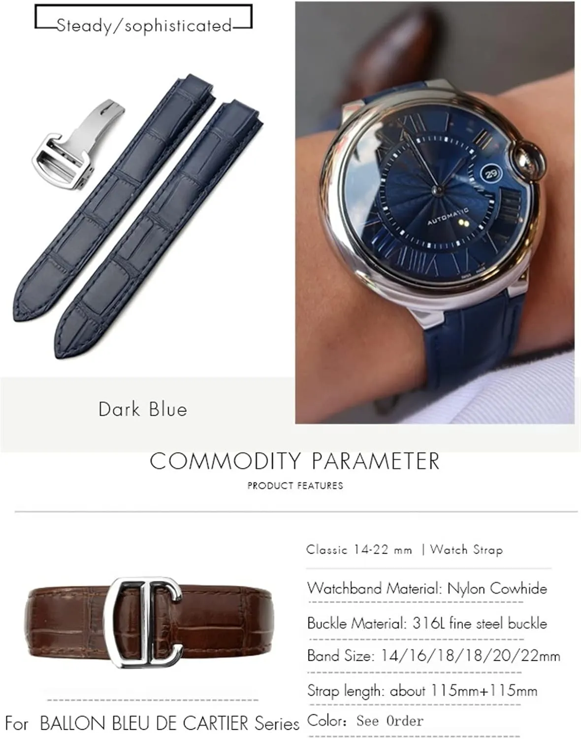 16mm 18mm 20mm Genuine Leather Watch Strap Black Blue Brown Deployment Buckle Watch Bands for Cartier Tank Solo Blue Ballon