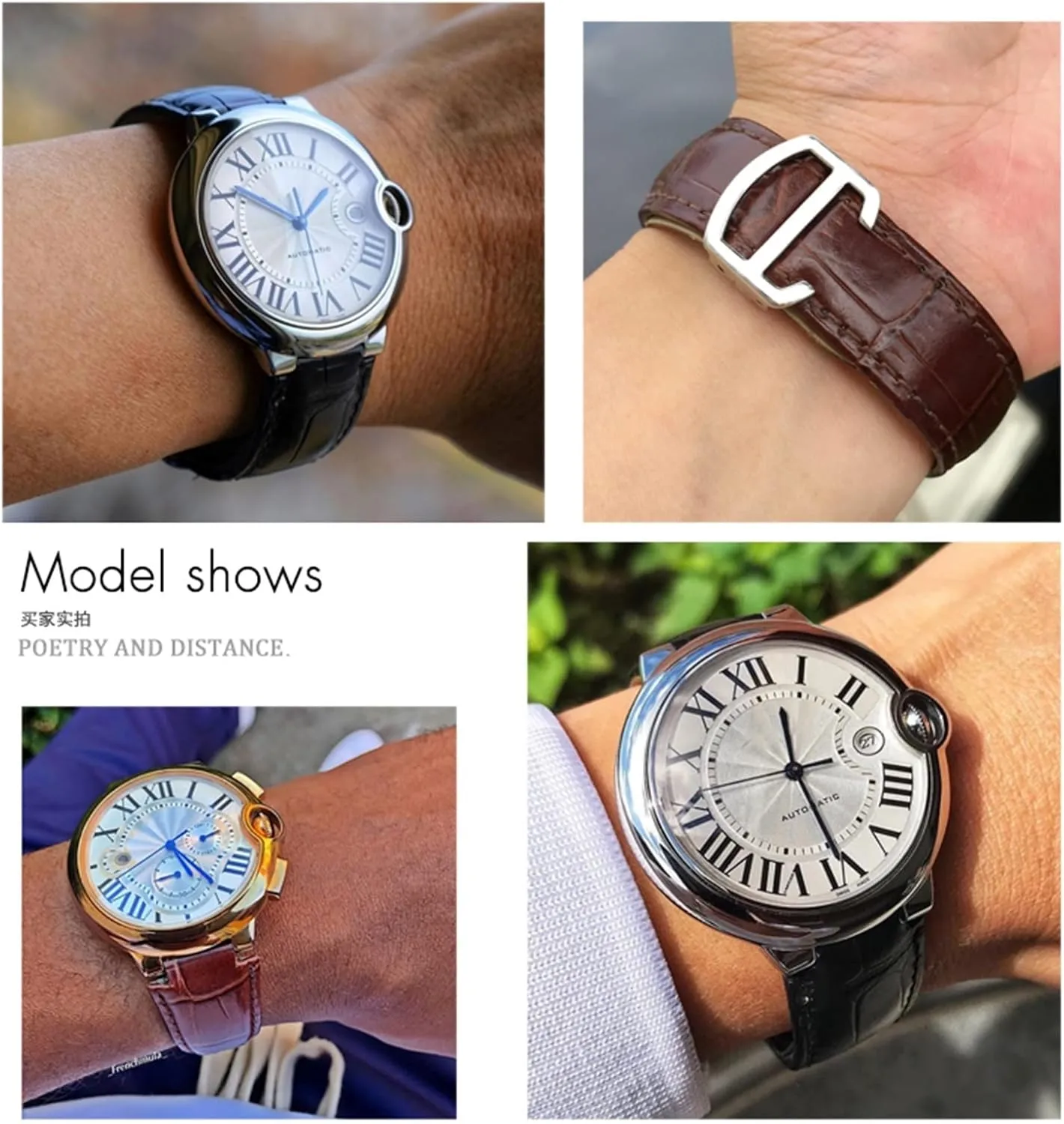16mm 18mm 20mm Genuine Leather Watch Strap Black Blue Brown Deployment Buckle Watch Bands for Cartier Tank Solo Blue Ballon
