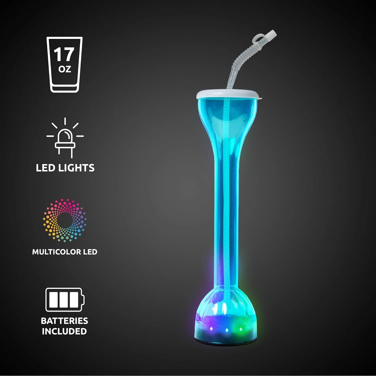 17 oz Blue LED Flashing Yard Glass with Straw - Vibrant Light-Up Drinkware for St. Patrick's Day & Celebratory Occasions