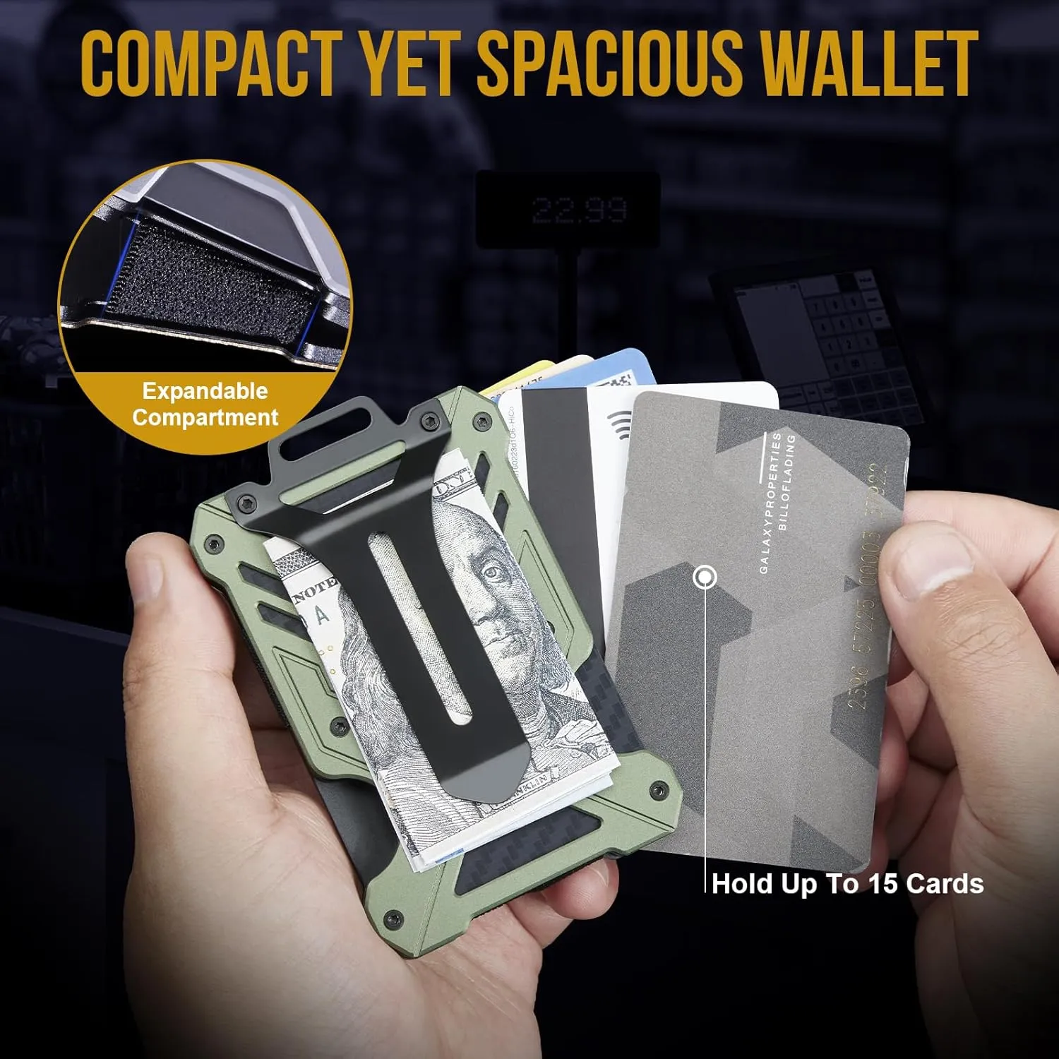 1T Tactical Minimalist Slim Wallet with Moeny Clip, Front Pocket RFID Blocking Wallet Cash Holder, Versatile Credit Card Orgainzer, ID Card Badge Holder for Men