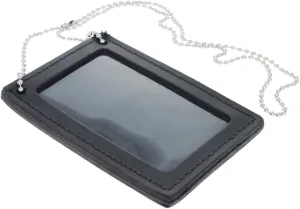 2 in 1 Leather ID Badge Holder Police Gear with Lanyard Neck Chain, Black