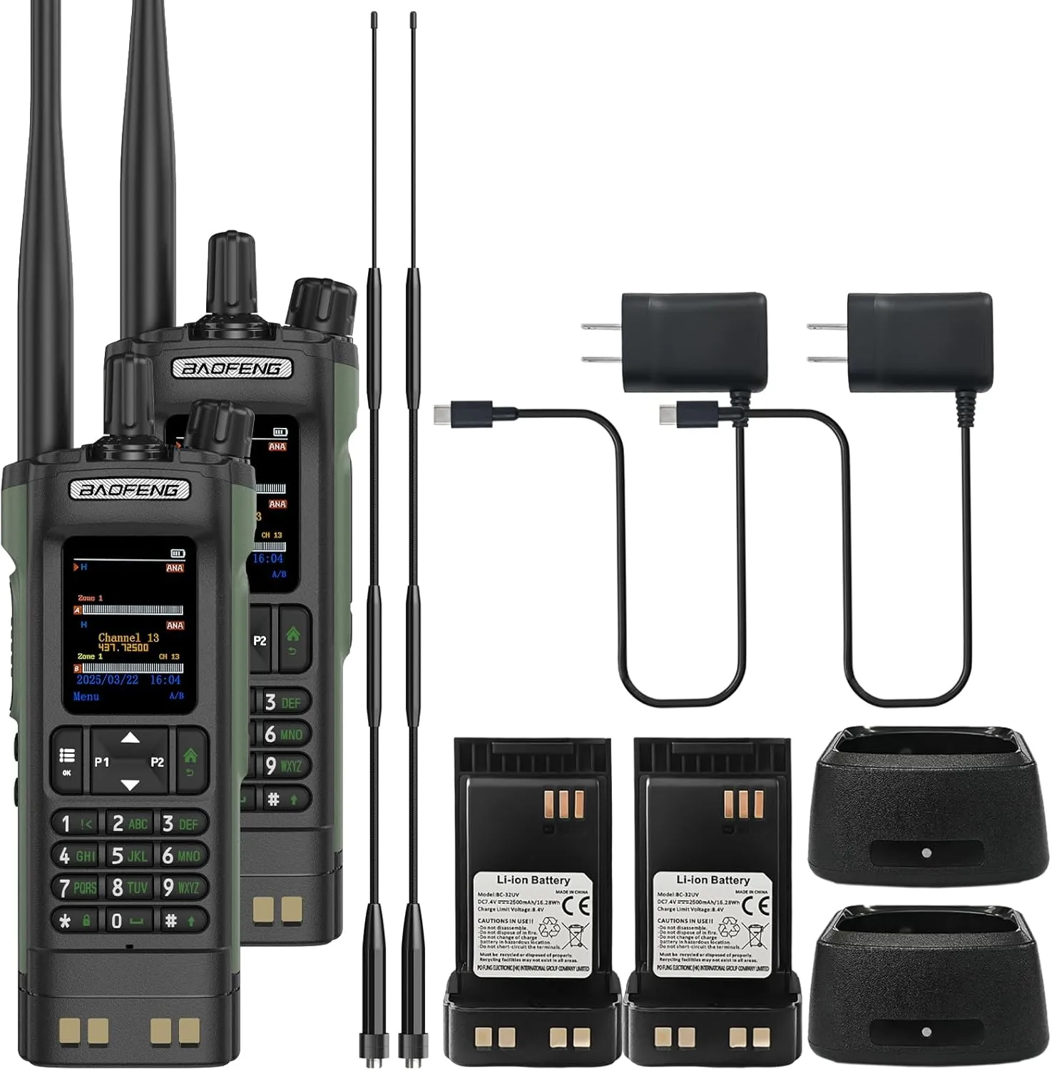 2 Pack BAOFENG DM32 DMR Radio 10W High Power Radio GPS/APRS Two Way Raido USB-C Charging Multi-Band FM/AM Wakkie Talkie DM-32 with Dual Section Antenna (Green)