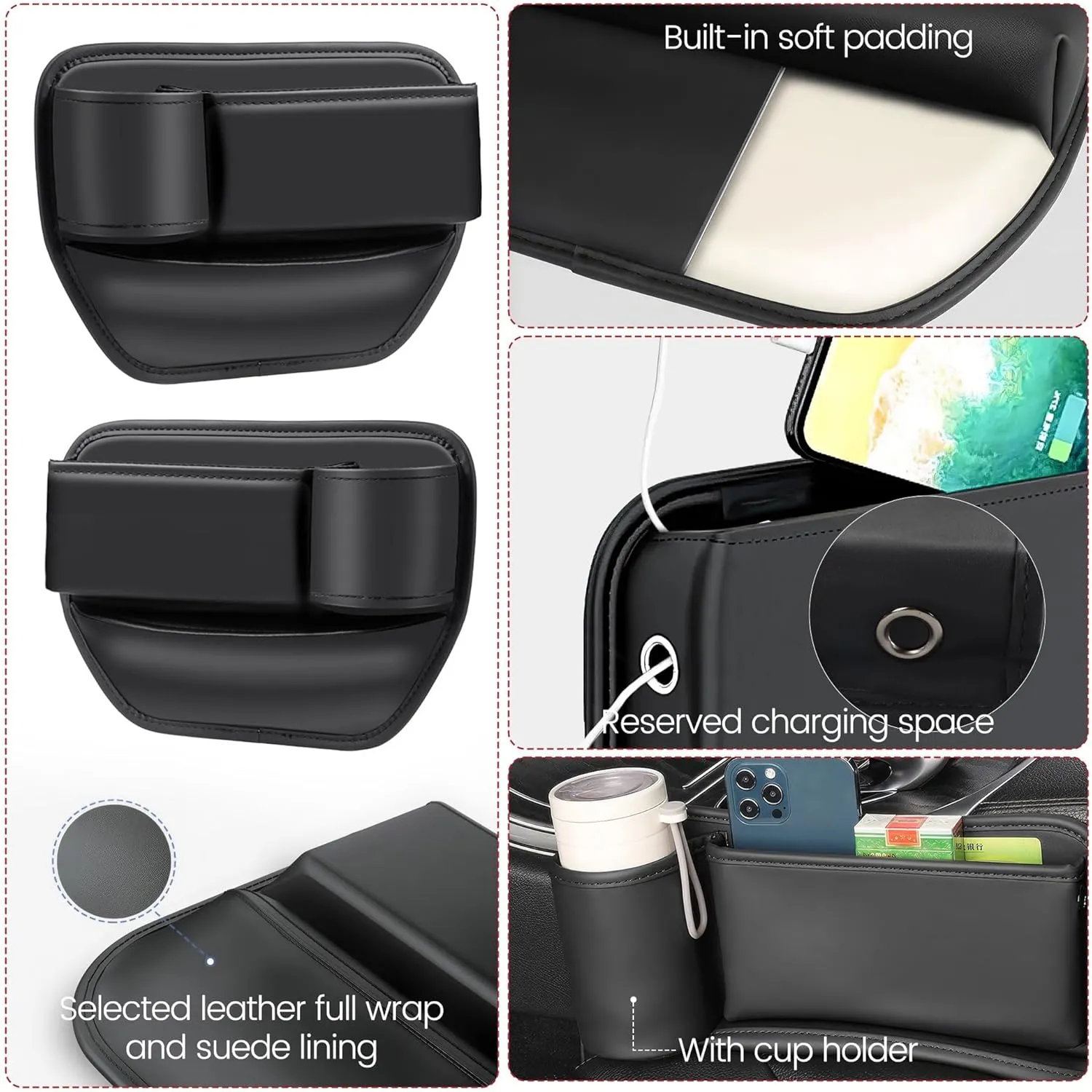 2 Pack Car Leather Cup Holder Gap Bag - Car Seat Gap Filler & Organizer, Seat Gap Storage Box Organizer Car Accessories for Women Men(Black Driver's   Passenger)