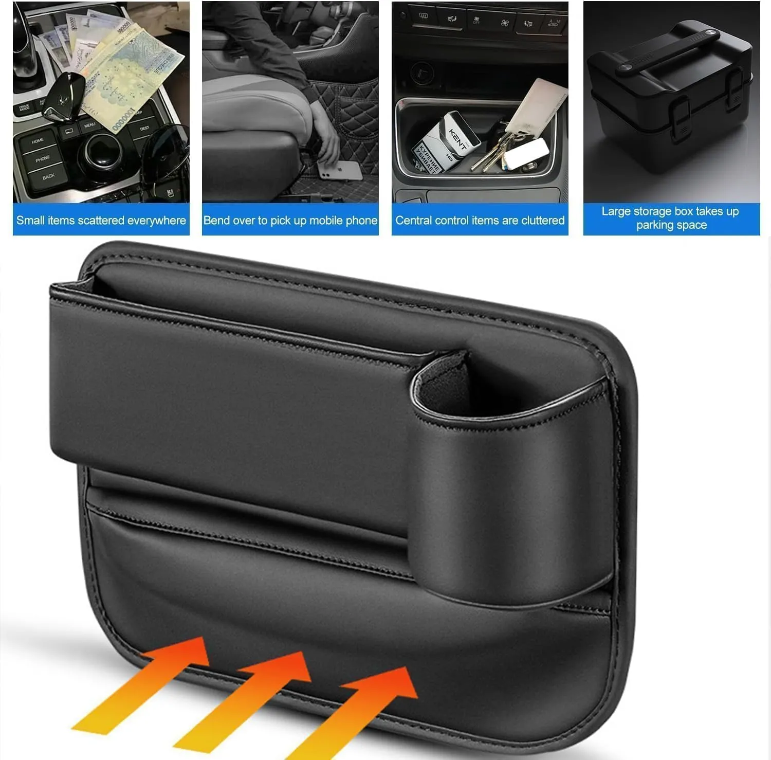 2 Pack Car Leather Cup Holder Gap Bag - Car Seat Gap Filler & Organizer, Seat Gap Storage Box Organizer Car Accessories for Women Men(Black Driver's   Passenger)