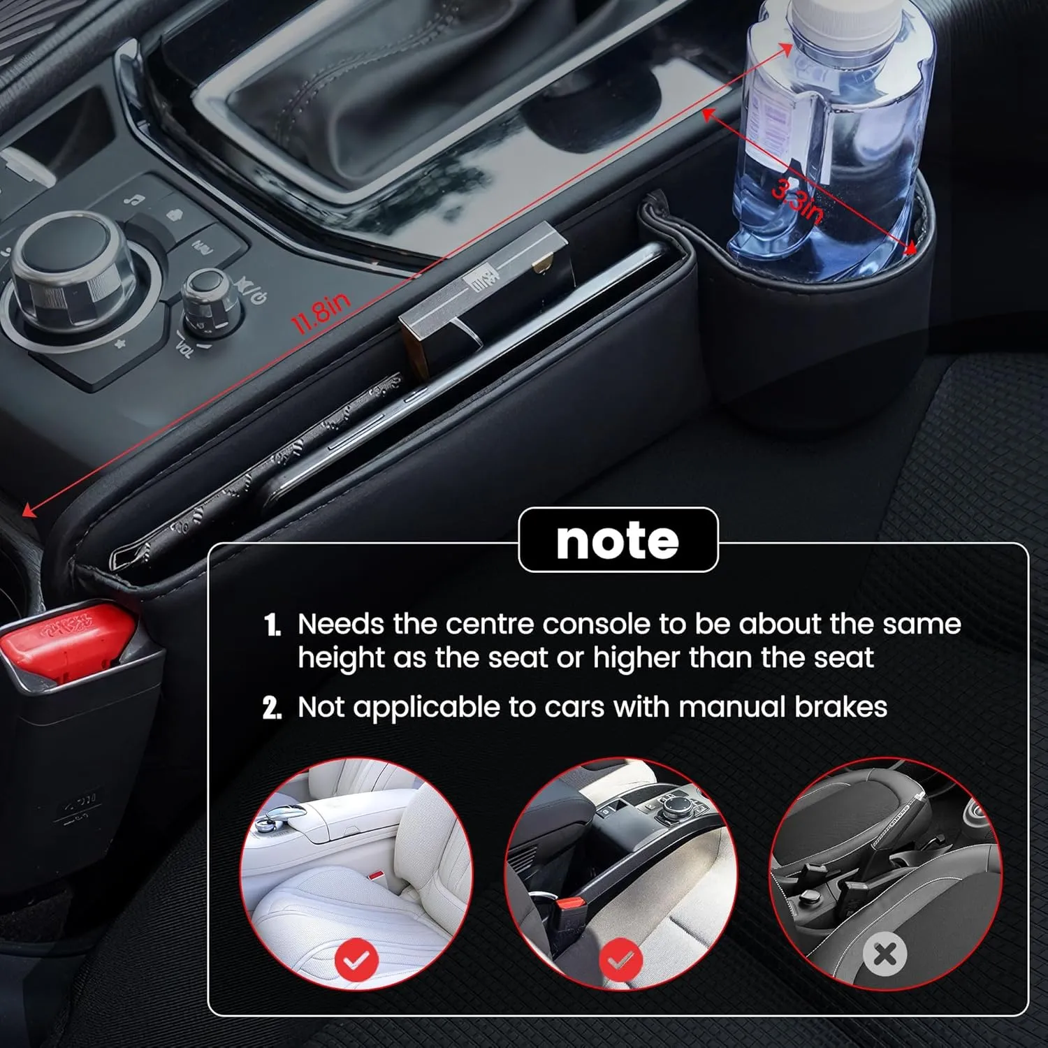 2 Pack Car Leather Cup Holder Gap Bag - Car Seat Gap Filler & Organizer, Seat Gap Storage Box Organizer Car Accessories for Women Men(Black Driver's   Passenger)