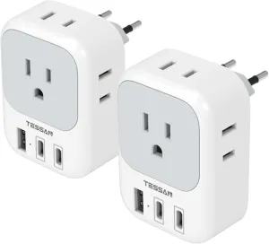 2 Pack European Travel Plug Adapter, TESSAN US to Europe Plug Adapter with 4 Electrical Outlets 3 USB Ports (2 USB C), Type C Power Adaptor for EU International Italy Iceland Spain France Germany