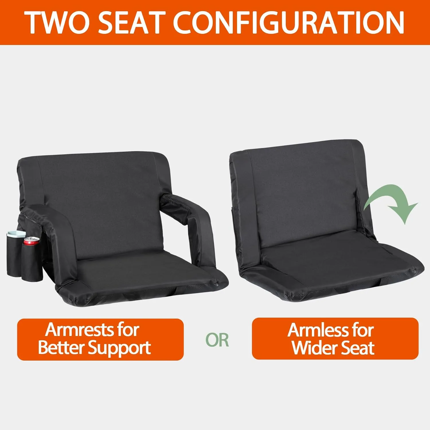 2 Pack Stadium Seats for Bleachers w/Back Support Padded Cushions 20.5"/25" Wide Comfortable Bleacher Chairs, Portable & Reclining Design - Ideal for Camping, Stadium Events