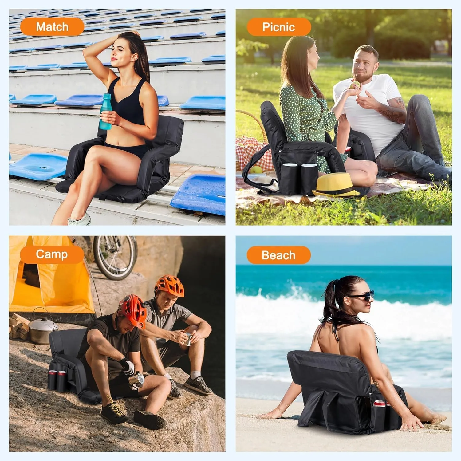 2 Pack Stadium Seats for Bleachers w/Back Support Padded Cushions 20.5"/25" Wide Comfortable Bleacher Chairs, Portable & Reclining Design - Ideal for Camping, Stadium Events