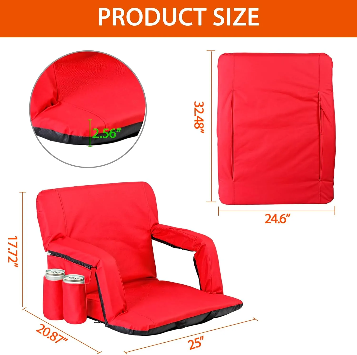 2 Pack Stadium Seats for Bleachers w/Back Support Padded Cushions 20.5"/25" Wide Comfortable Bleacher Chairs, Portable & Reclining Design - Ideal for Camping, Stadium Events