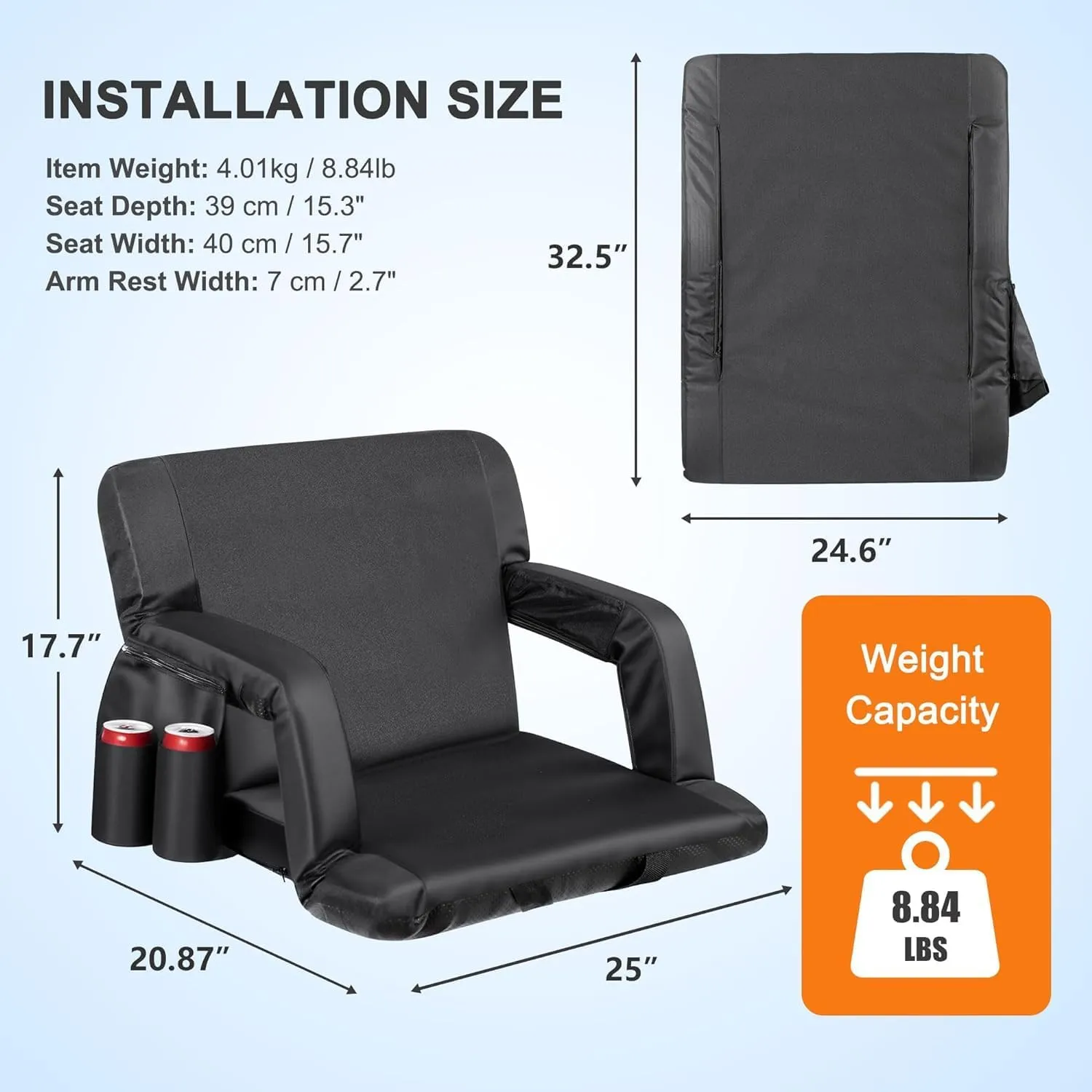 2 Pack Stadium Seats for Bleachers w/Back Support Padded Cushions 20.5"/25" Wide Comfortable Bleacher Chairs, Portable & Reclining Design - Ideal for Camping, Stadium Events