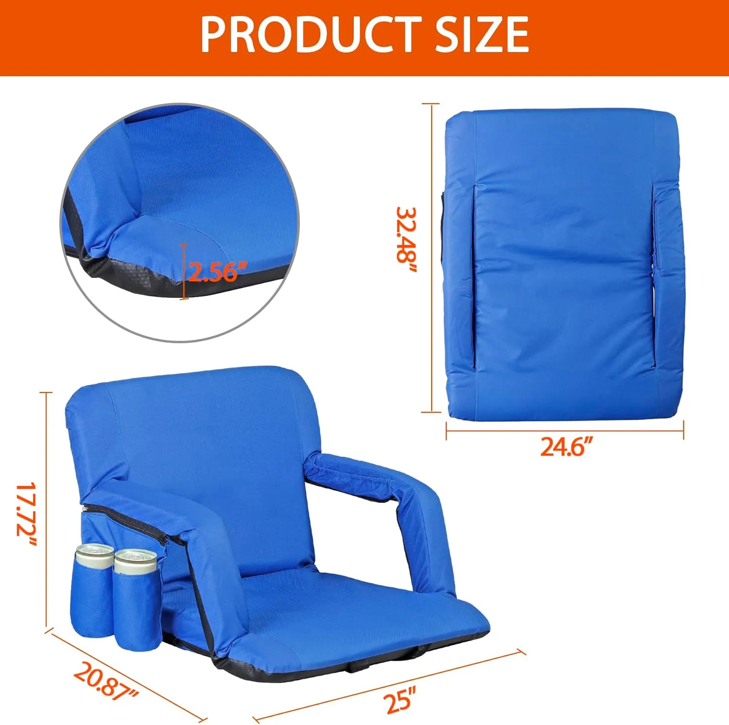 2 Pack Stadium Seats for Bleachers w/Back Support Padded Cushions 20.5"/25" Wide Comfortable Bleacher Chairs, Portable & Reclining Design - Ideal for Camping, Stadium Events