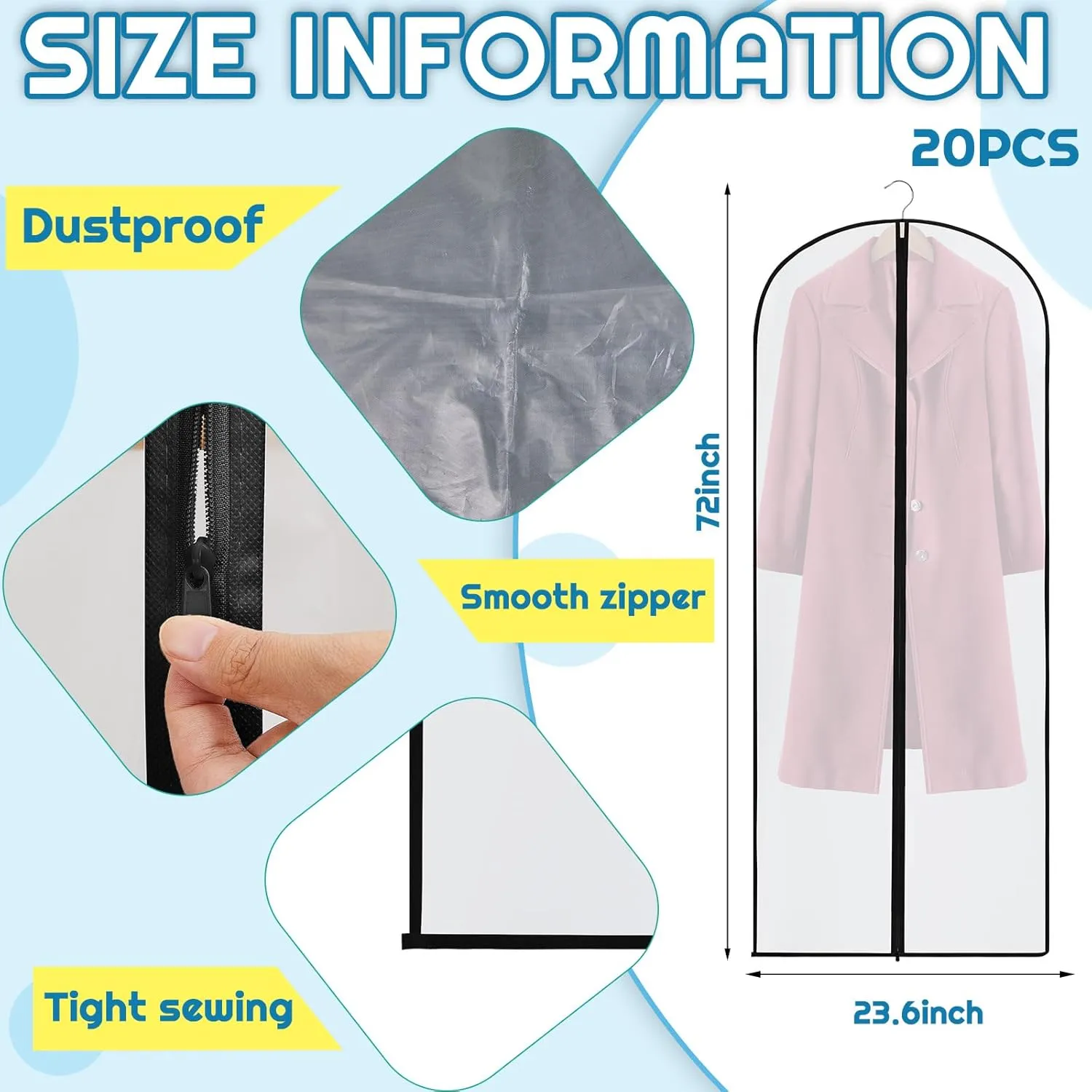 20 Pcs 72/60inch Bulk Garment Bags for Hanging Clothes Travel Garment Bag Suit Protector Cover Dress Bags Storage Bags for Clothes Long Dress Suit Coat Costumes Uniforms(24 x 72 Inch)