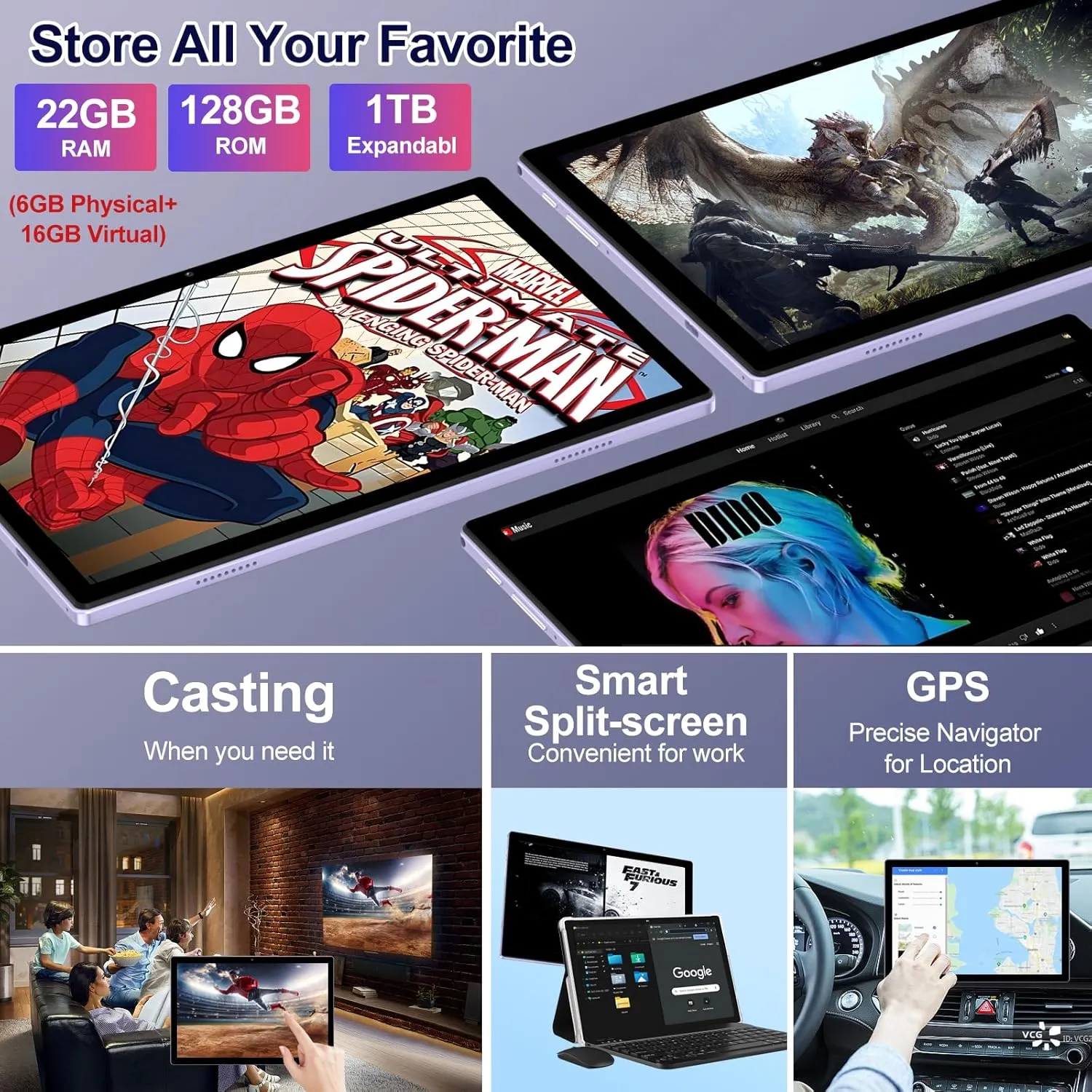2025 Android 14 Tablet 22GB RAM 128GB ROM 1TB Expand, 10.1 inch 8000mAh Octa-Core Tablet with Keyboard & Mouse, HD IPS Display, 5G Wi-Fi, Bluetooth 5.0, GPS, Widevine L1, Split Screen -Metal Purple
