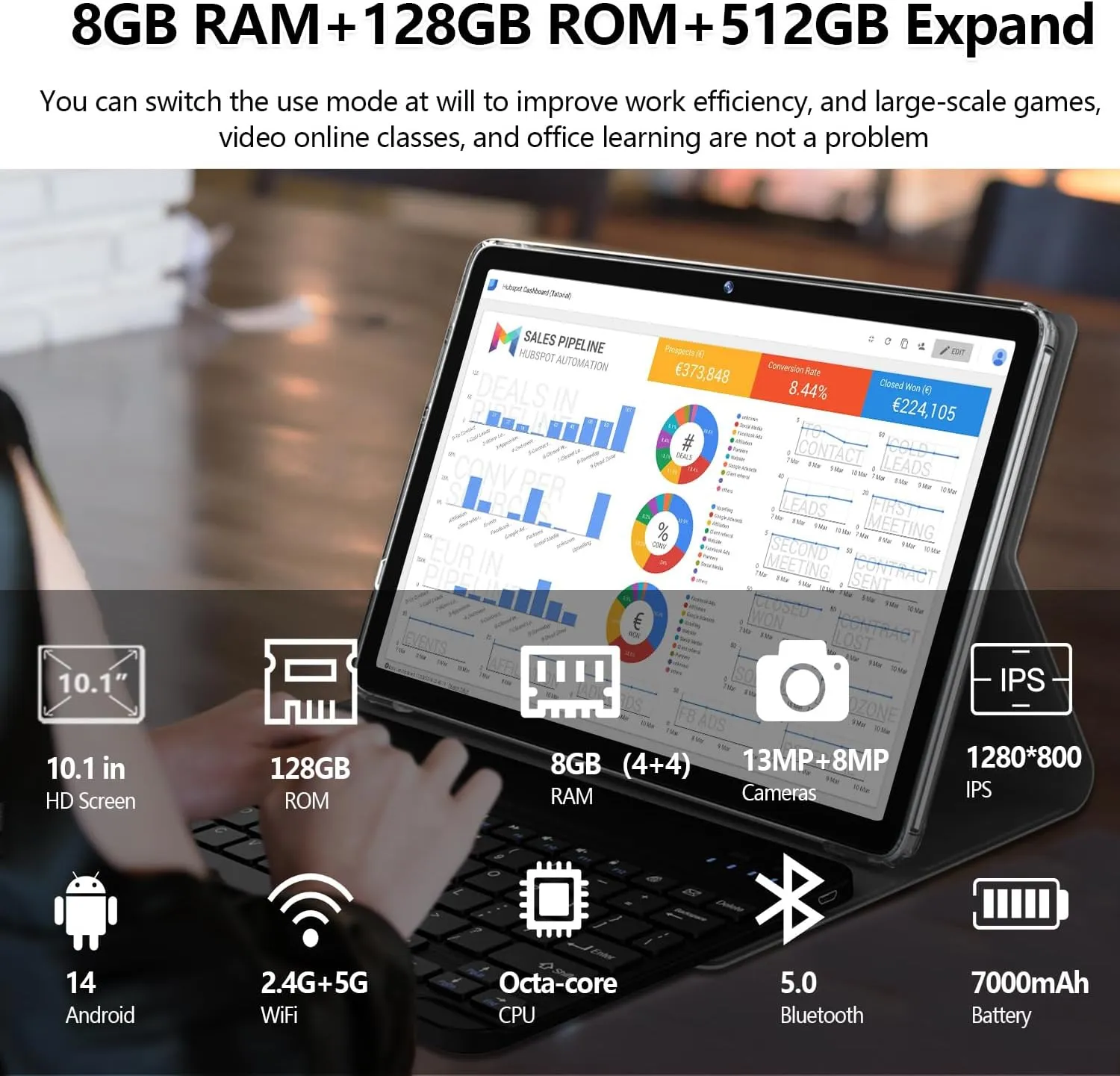 2025 Latest 2 in 1 Tablet 128GB Storage 1TB Expand 10 inch Tablets, 2.4G&5G WIFI Tablet PC, Android 14 Tablets with Keyboard, Octa Core HD Touchscreen 13MP Dual Camera GMS Tableta with Case Mouse Gray