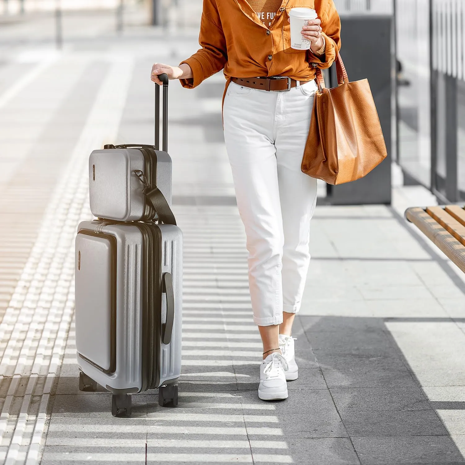 22 Inch Carry On Luggage 22x14x9 Airline Approved, Carry On Suitcase with Wheels, Hard-shell Carry-on Luggage, Durable Luggage Carry-On, Grey Small Suitcase with Cosmetic Case