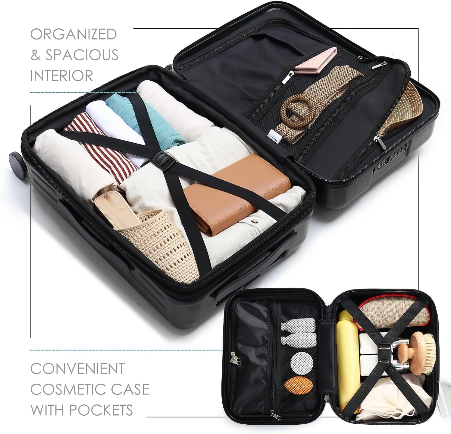 22 Inch Carry On Luggage 22x14x9 Airline Approved, Carry On Suitcase with Wheels, Hard-shell Carry-on Luggage, Durable Luggage Carry-On, Jet Black Small Suitcase with Cosmetic Case