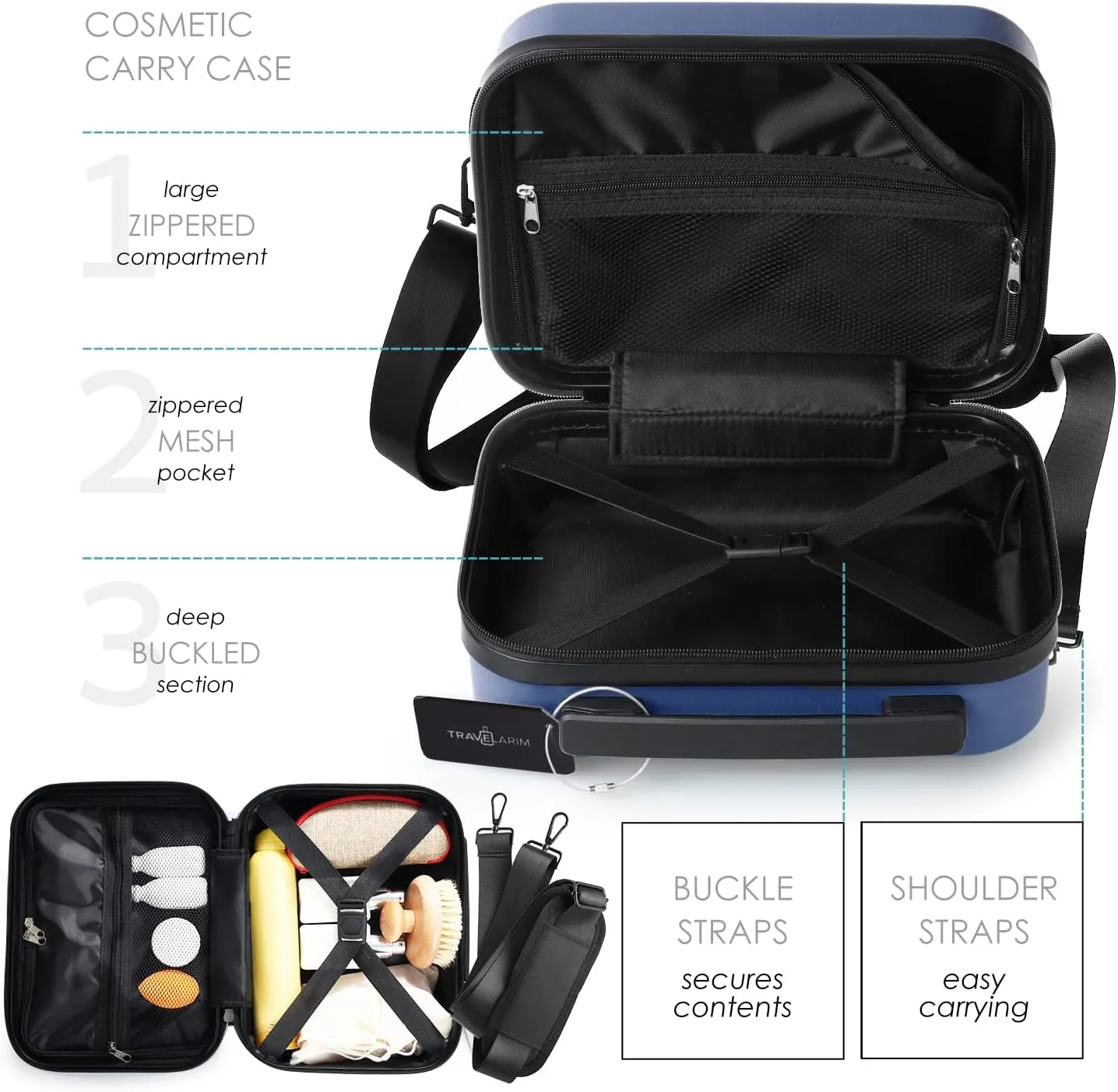 22 Inch Carry On Luggage 22x14x9 Airline Approved, Carry On Suitcase with Wheels, Hard-shell Carry-on Luggage, Durable Luggage Carry-On, Navy Small Suitcase with Cosmetic Case