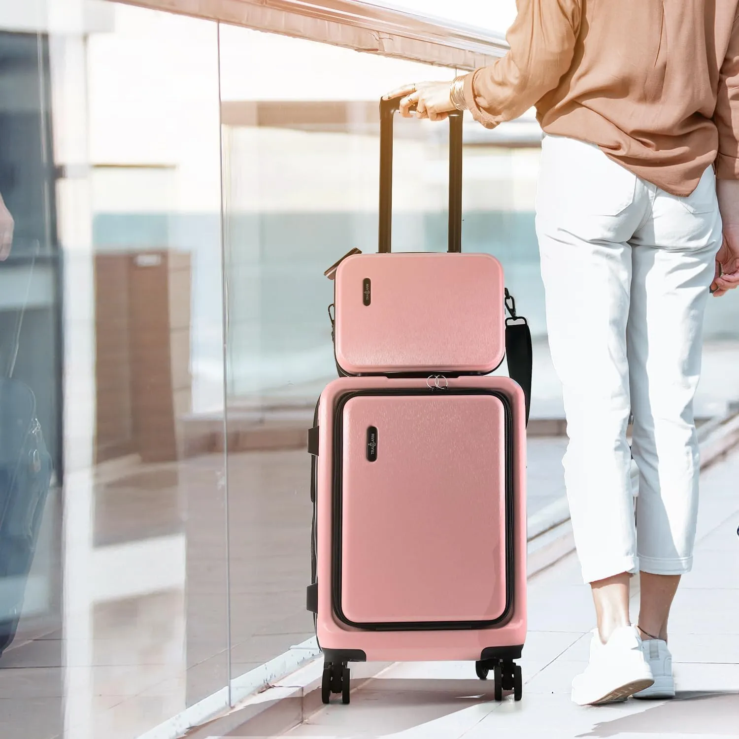 22 Inch Carry On Luggage 22x14x9 Airline Approved, Carry On Suitcase with Wheels, Hard-shell Carry-on Luggage, Durable Luggage Carry-On, Pink Small Suitcase with Cosmetic Case