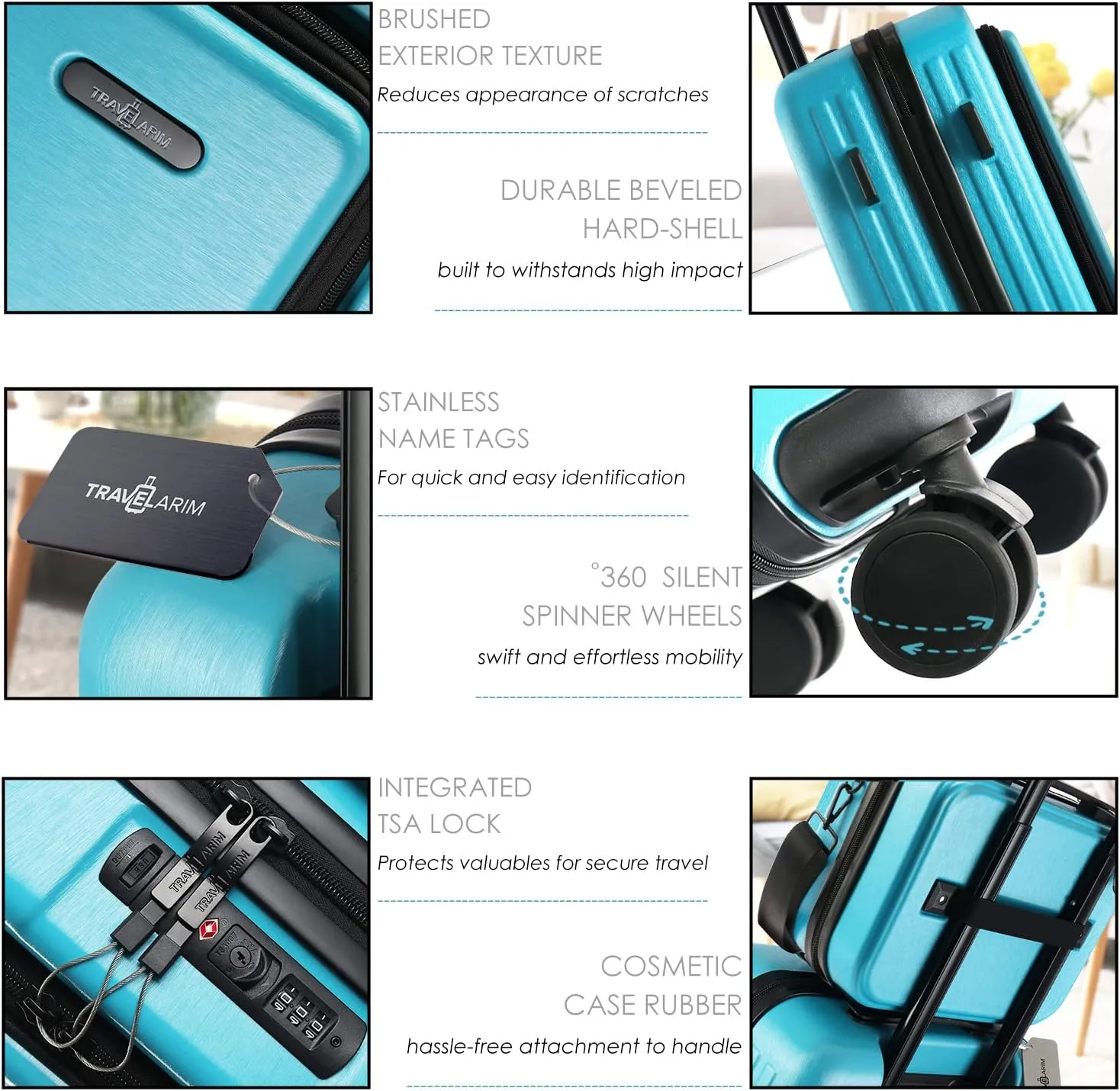 22 Inch Carry On Luggage 22x14x9 Airline Approved, Carry On Suitcase with Wheels, Hard-shell Carry-on Luggage, Durable Luggage Carry-On, Teal Small Suitcase with Cosmetic Case