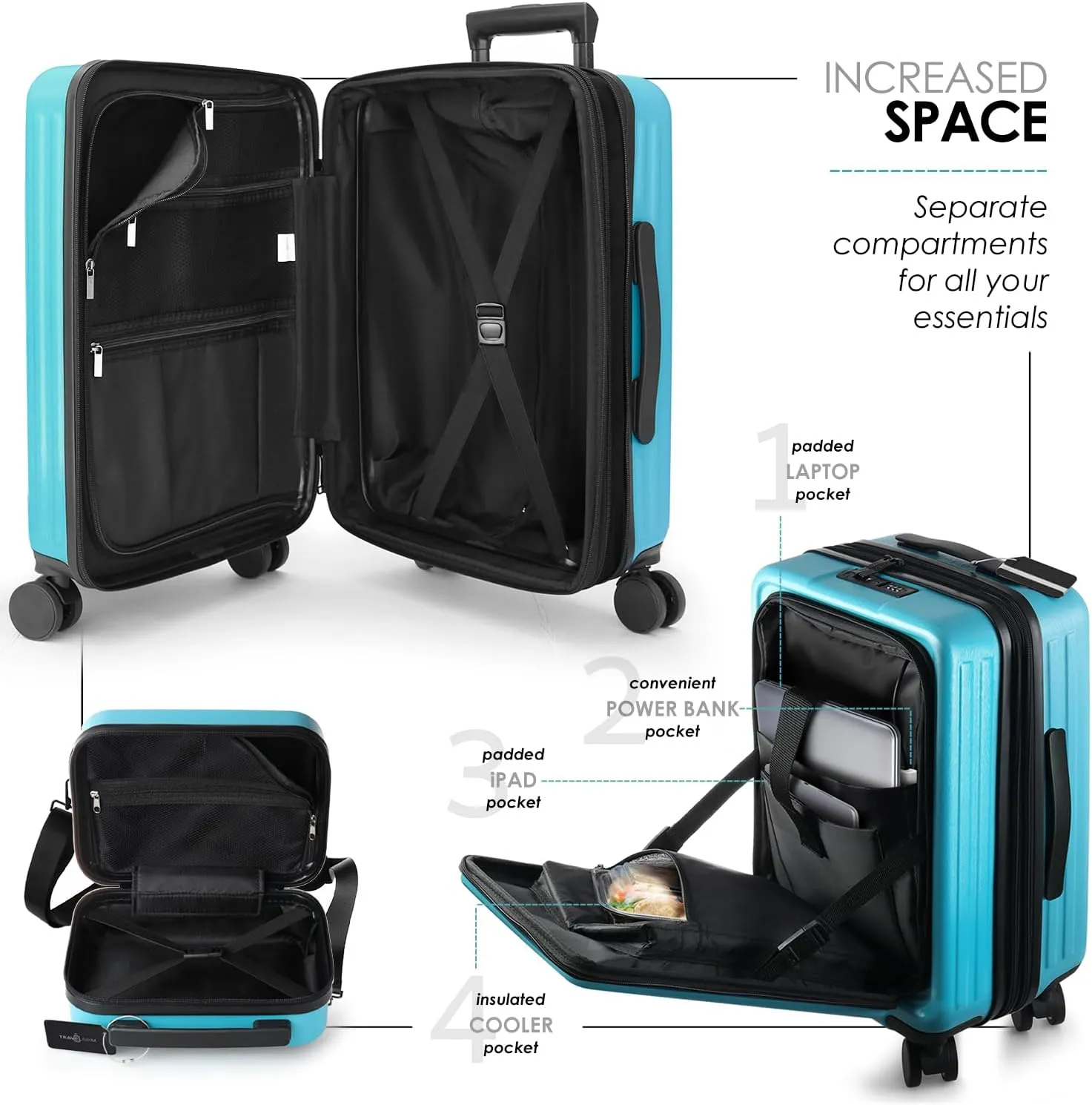 22 Inch Carry On Luggage, Carry On Suitcase with Wheels, Hardside Luggage Carry-On, Expandable Teal Small Suitcase, Hard Shell Carry-on Luggage, Spinner Luggage with Cosmetic Bag