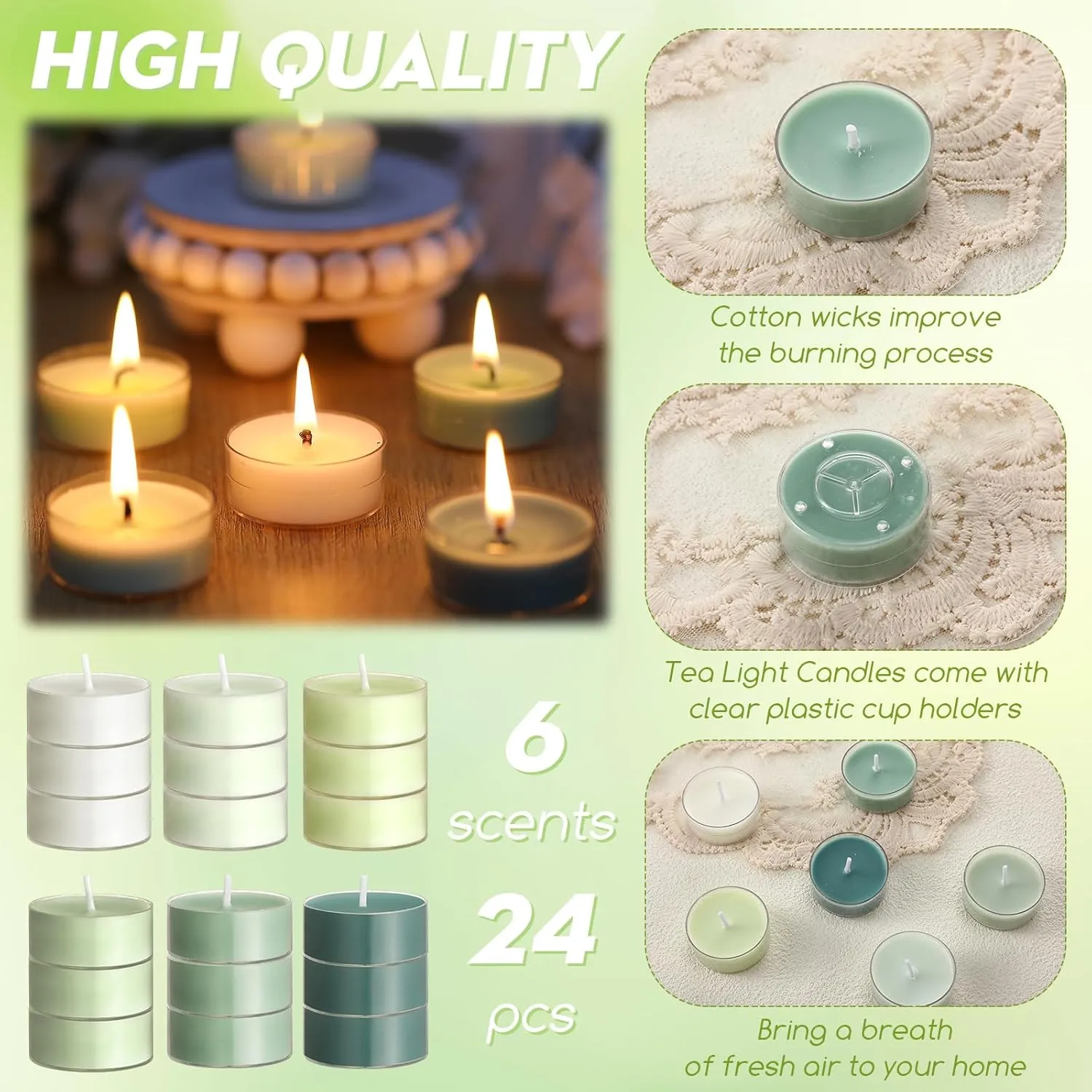 24 Pack Colored Scented Tealight Candles Bulk Spring Easter Small Fragrance Tea Lights in Clear Cups Colored Warmer Aromatherapy Relaxing Mini Candles for Easter Holiday(Green Series)