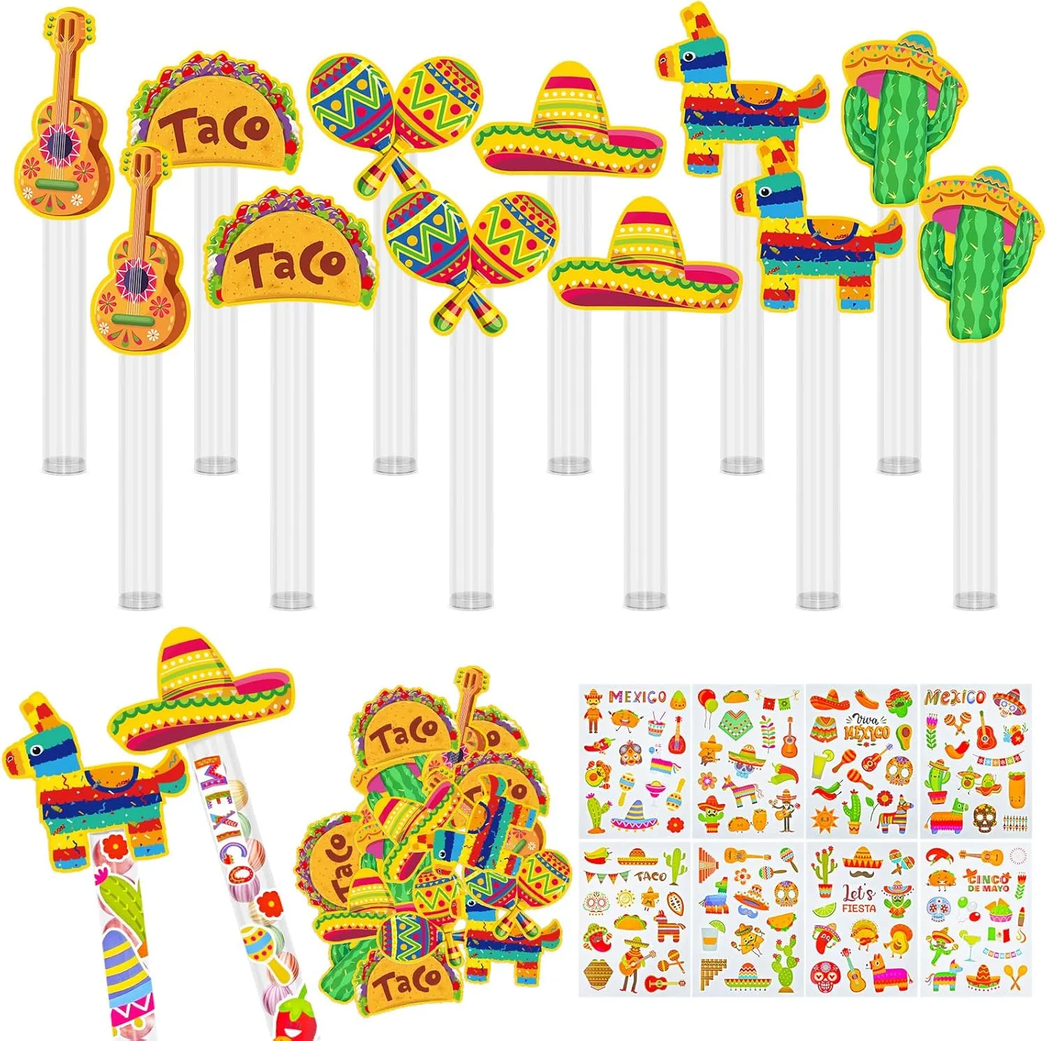 24 Set Fiesta Party Favors Supplies Plastic Cinco De Mayo Candy Tubes with Mexican Taco Card Clear Treat Container for Carnival Birthday Classroom Prizes Pinata Goodie Bag Stuffers Gifts (Fiesta)