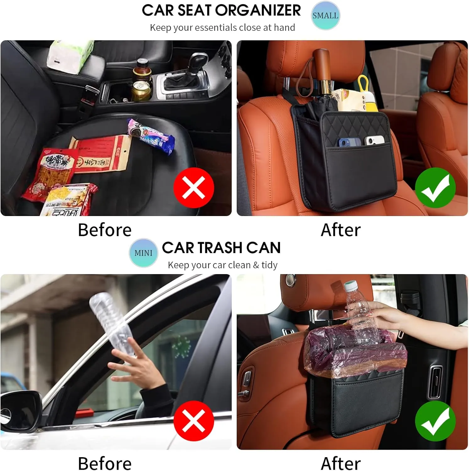 2Pack Car Seat Back Hanging Bag Car Document Holder Multi-Pocket Bottle Bag Storage Waterproof Pu Leather Box Organizer Travel Tidy Pouch Pocket Kids