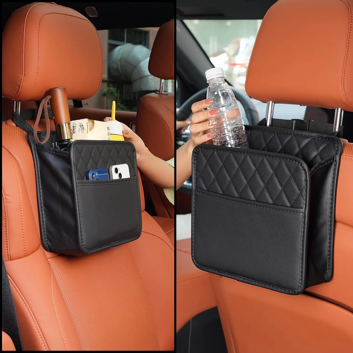 2Pack Car Seat Back Hanging Bag Car Document Holder Multi-Pocket Bottle Bag Storage Waterproof Pu Leather Box Organizer Travel Tidy Pouch Pocket Kids