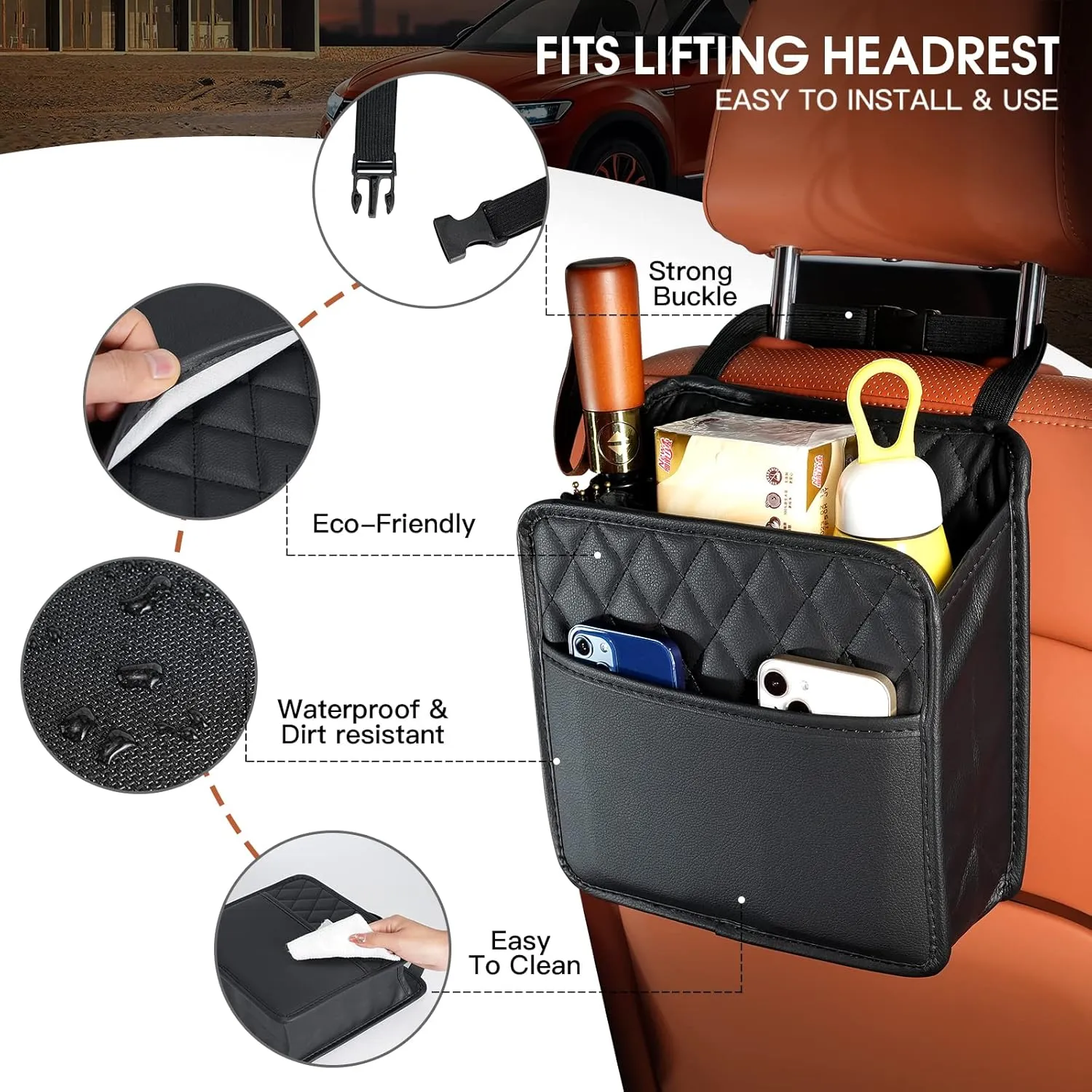 2Pack Car Seat Back Hanging Bag Car Document Holder Multi-Pocket Bottle Bag Storage Waterproof Pu Leather Box Organizer Travel Tidy Pouch Pocket Kids
