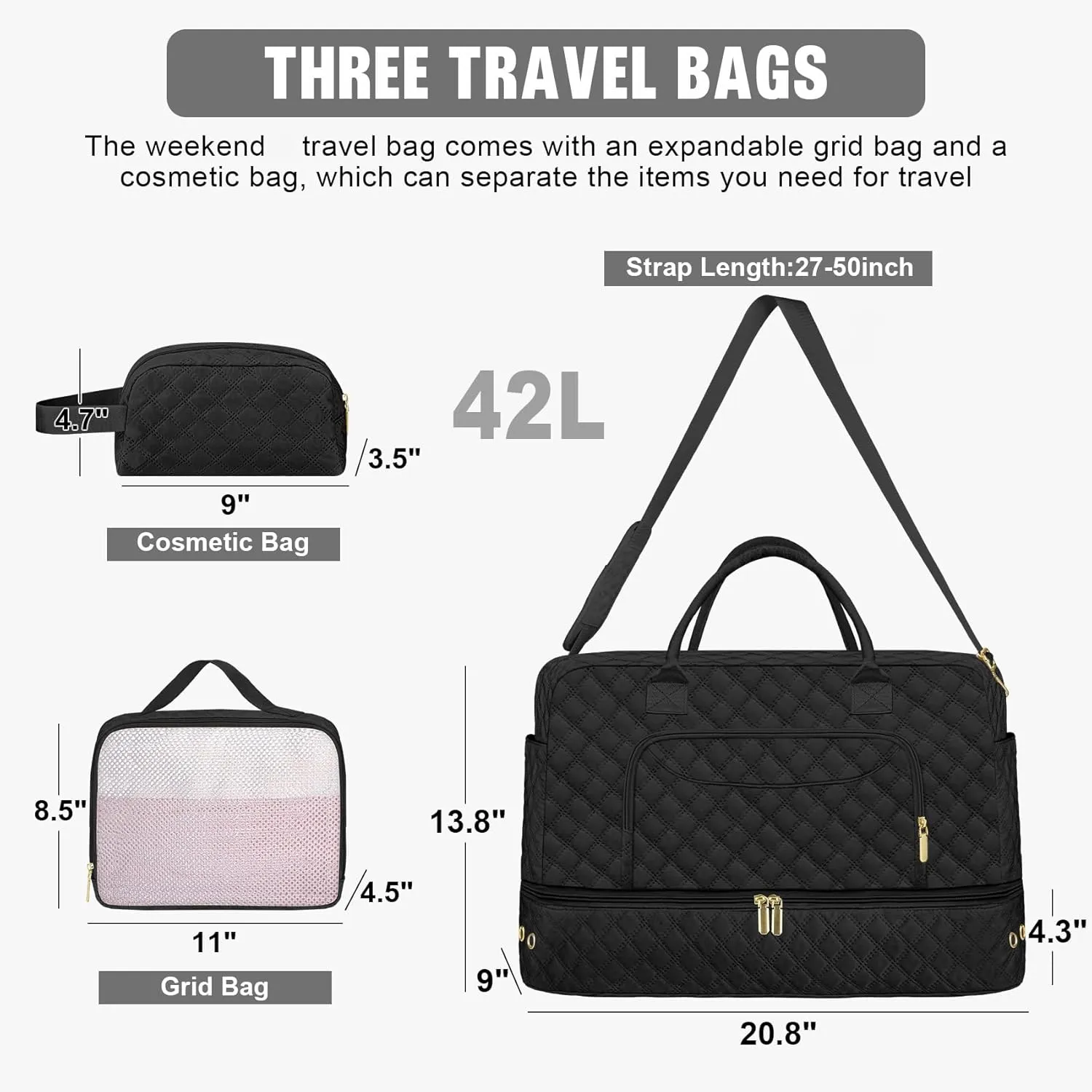 3 Pack Travel Duffle Bag, Weekend Bags for Women with Shoe Compartment, Large Toiletry Personal Item Travel Carry on Bags with Wet Pocket, Gym Overnight Hospital Bag for Delivery Business Black