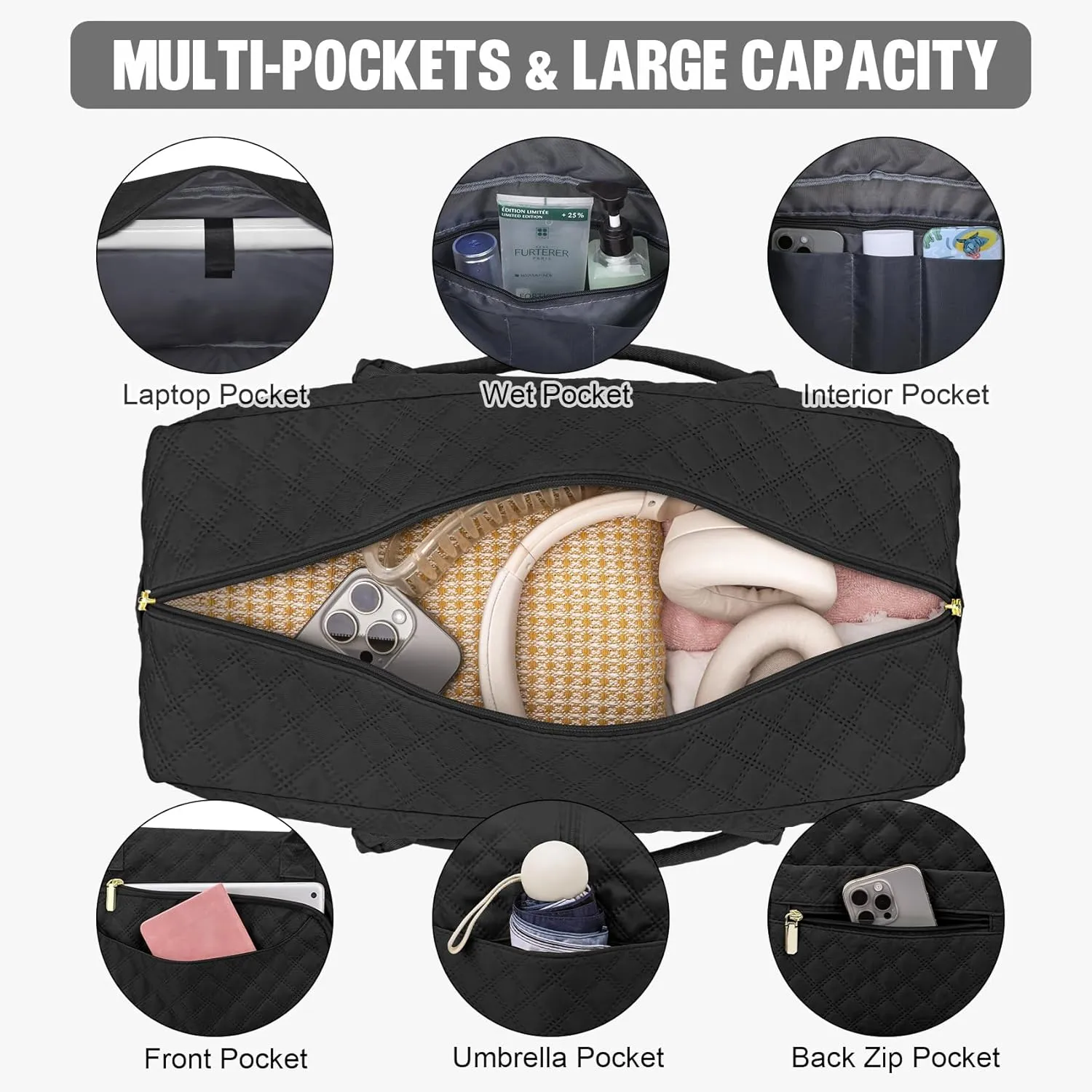 3 Pack Travel Duffle Bag, Weekend Bags for Women with Shoe Compartment, Large Toiletry Personal Item Travel Carry on Bags with Wet Pocket, Gym Overnight Hospital Bag for Delivery Business Black