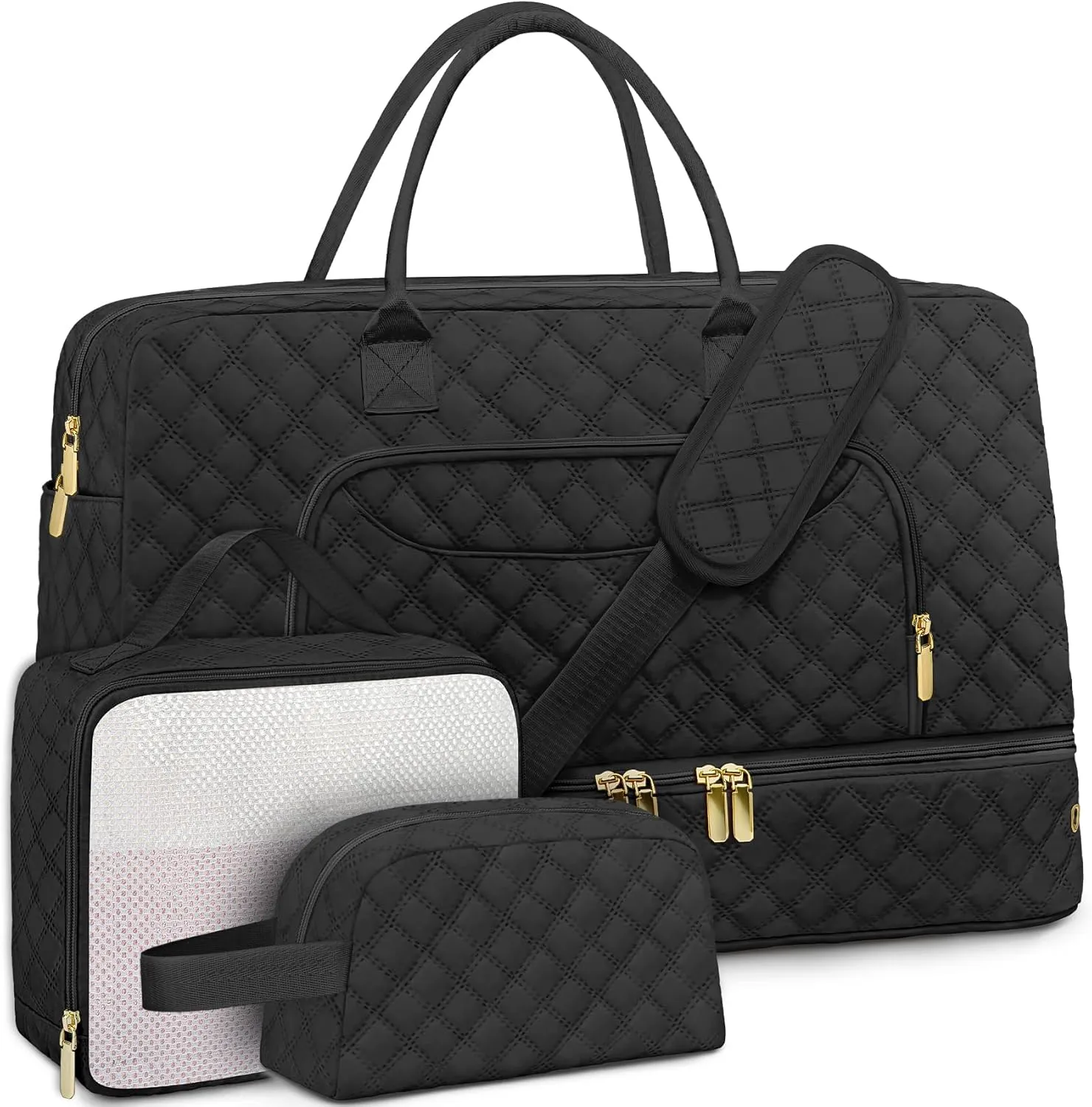 3 Pack Travel Duffle Bag, Weekend Bags for Women with Shoe Compartment, Large Toiletry Personal Item Travel Carry on Bags with Wet Pocket, Gym Overnight Hospital Bag for Delivery Business Black