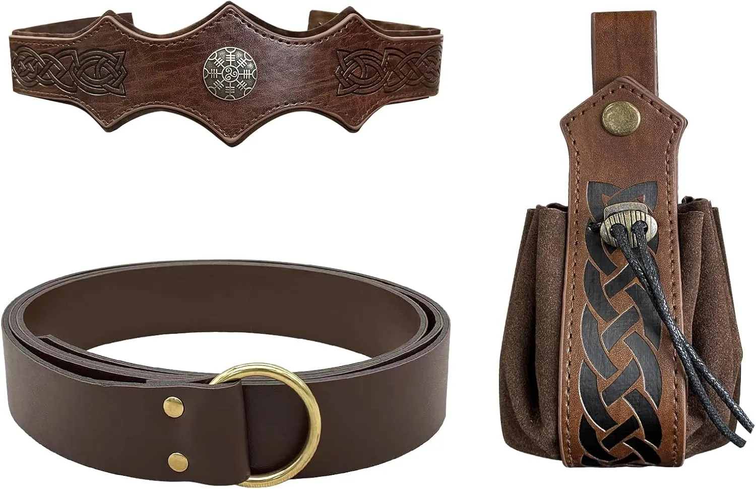 3 PCs Medieval Faux Leather Belt Accessories Set with Vintage Viking Headpiece and Renaissance Dice Bag for LARP （Brown A）