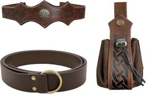 3 PCs Medieval Faux Leather Belt Accessories Set with Vintage Viking Headpiece and Renaissance Dice Bag for LARP （Brown A）