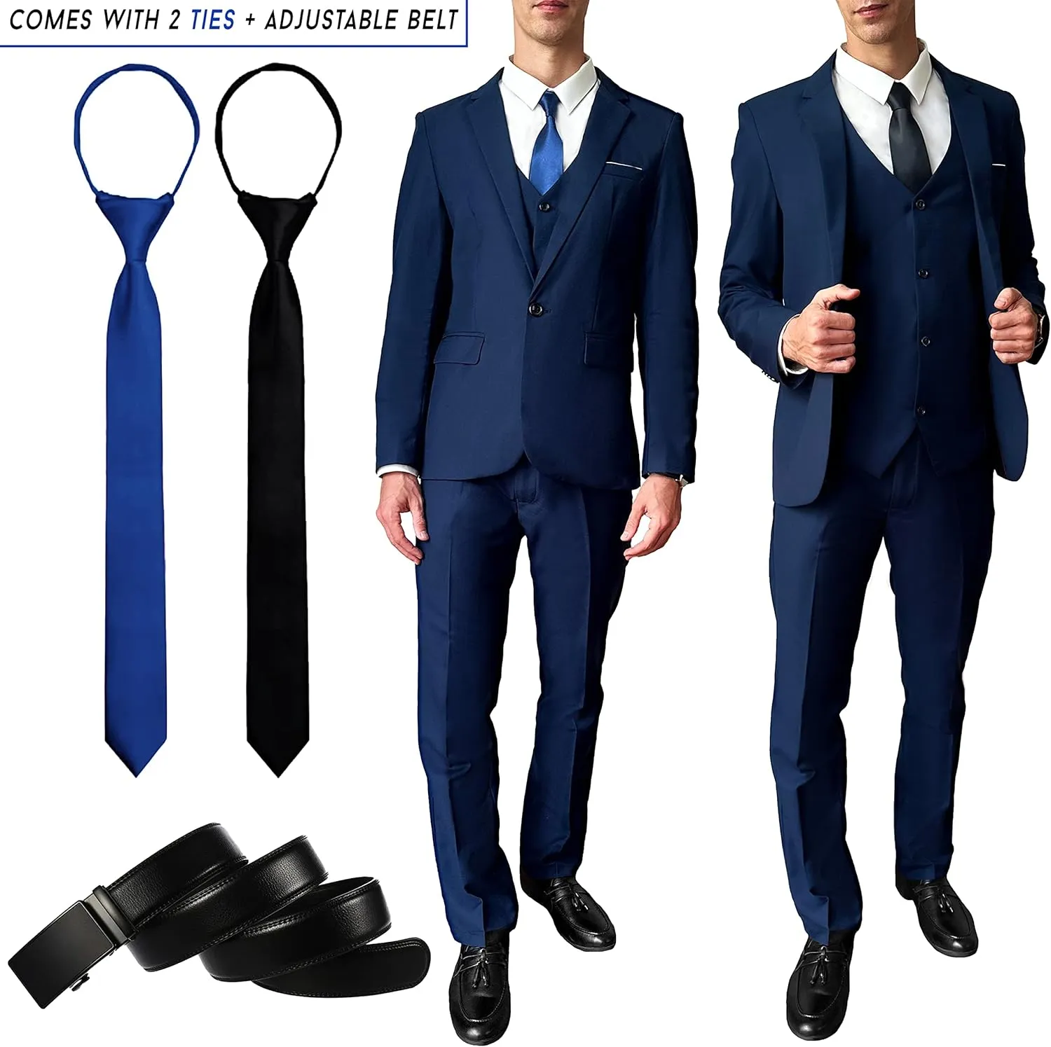3 Piece Men’s Suit, Slim Fit Stylish Jacket, Pants, Vest, 2 Ties, and Belt, Perfect for Weddings, Business and More