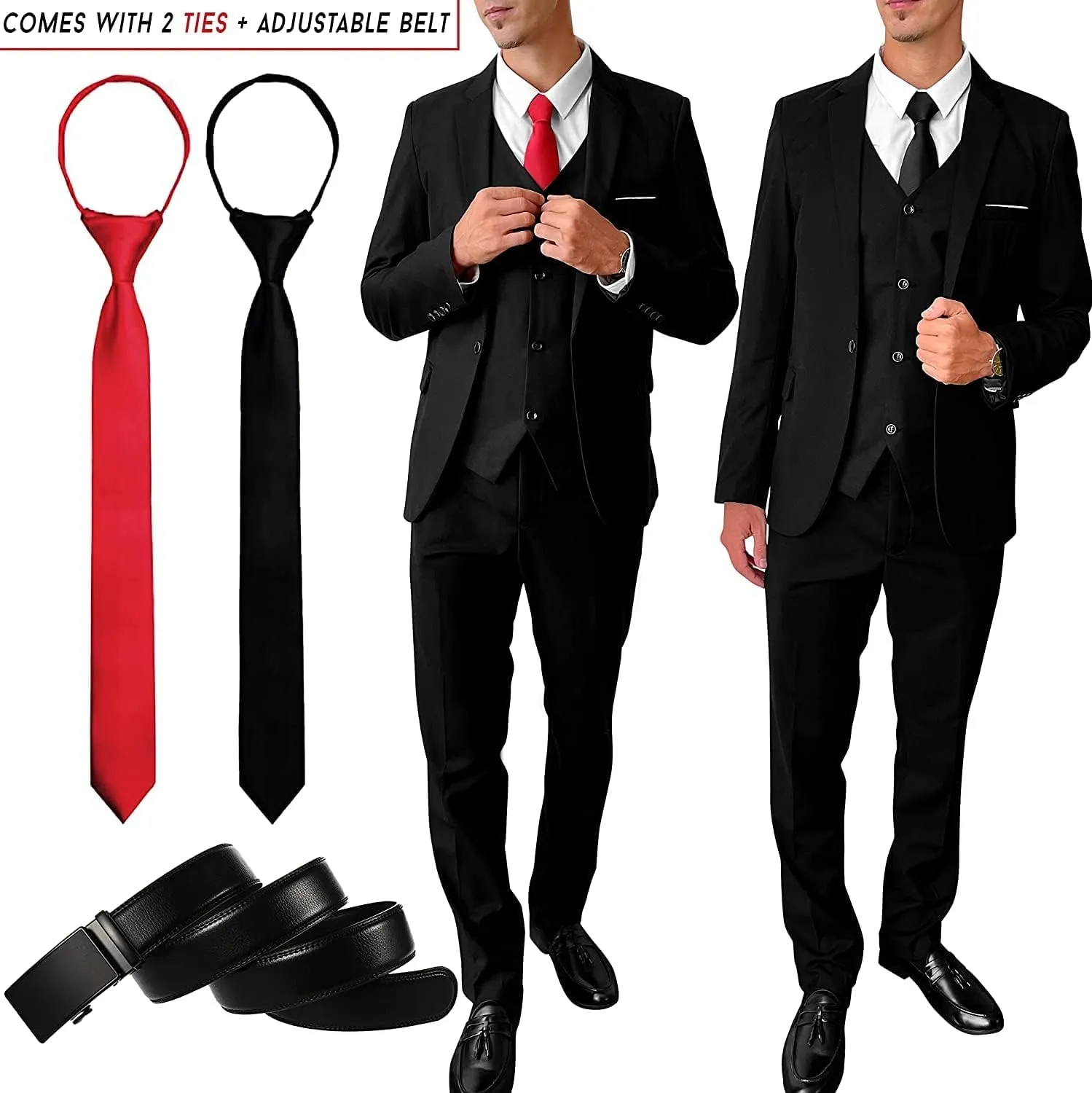 3 Piece Men’s Suit, Slim Fit Stylish Jacket, Pants, Vest, 2 Ties, and Belt, Perfect for Weddings, Business and More