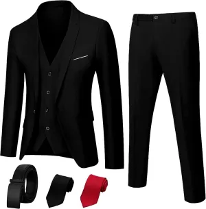 3 Piece Men’s Suit, Slim Fit Stylish Jacket, Pants, Vest, 2 Ties, and Belt, Perfect for Weddings, Business and More